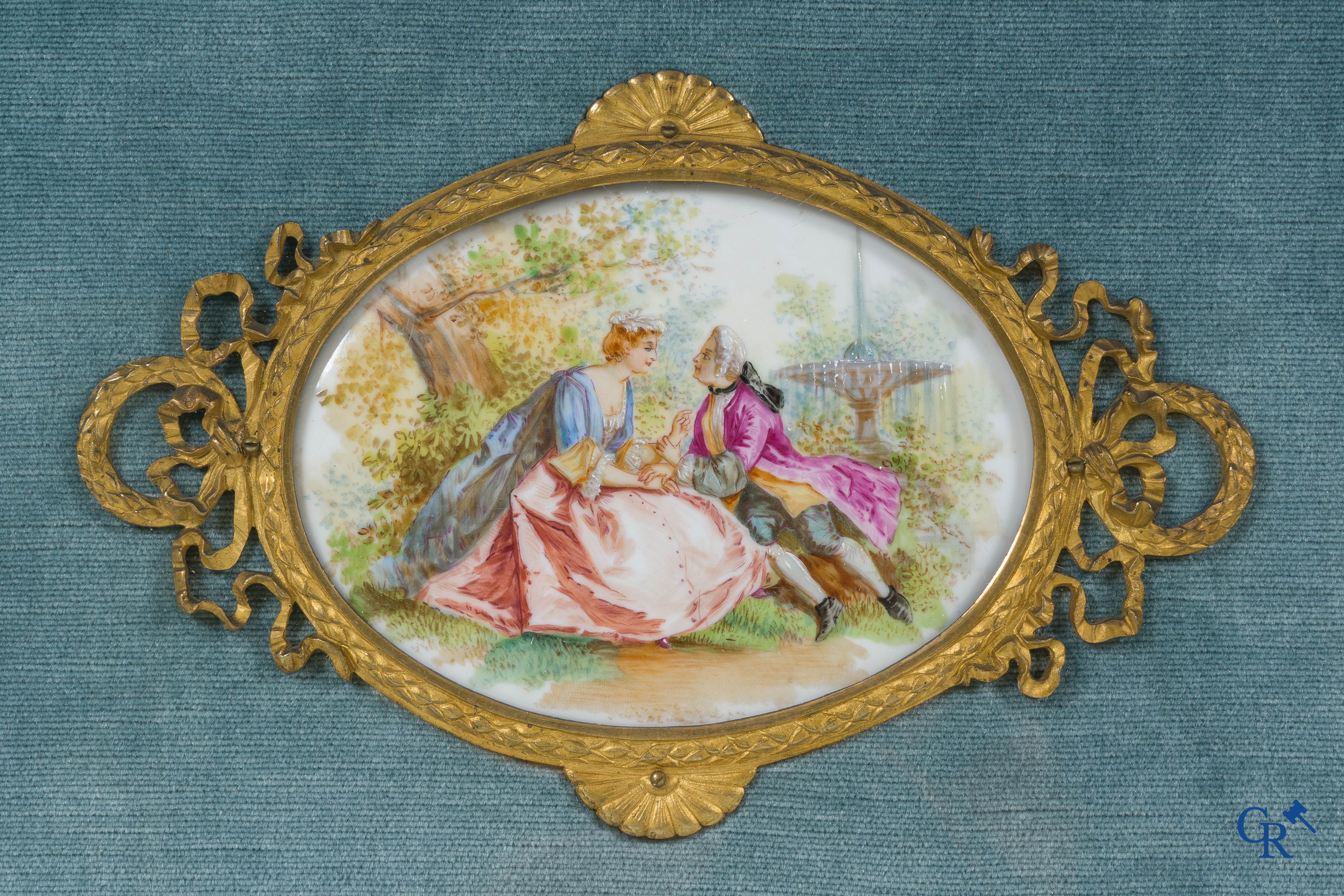 European porcelain in the manner of Sèvres, a set of 6 large porcelain plaques in a bronze LXVI-style frame.