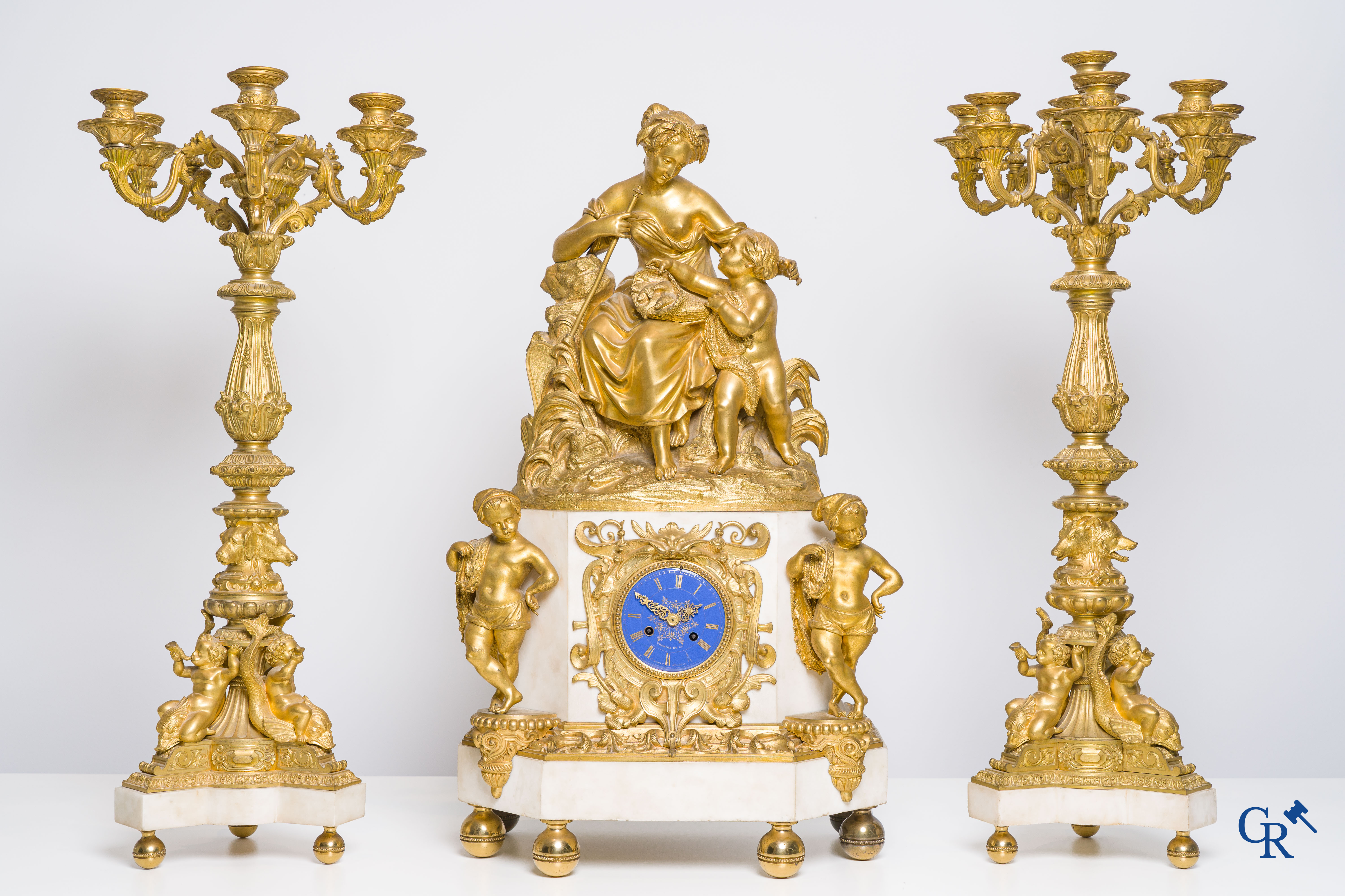 Thomire & Cie and Louis Moinet, Extraordinary clockset in Carrara marble and gilded bronze. Paris work circa 1850.