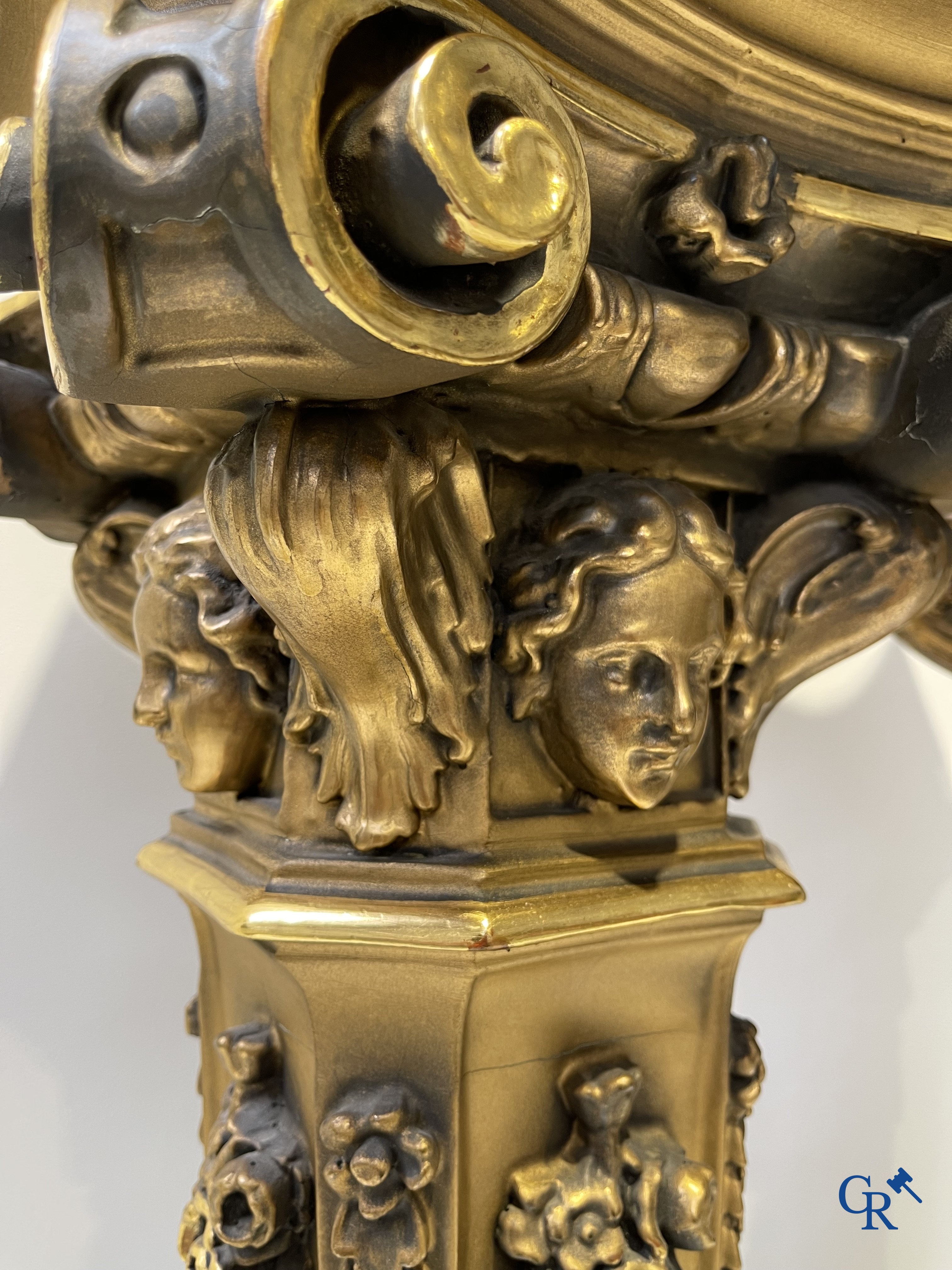 Pair of decorative gilded pedestals with onix top.