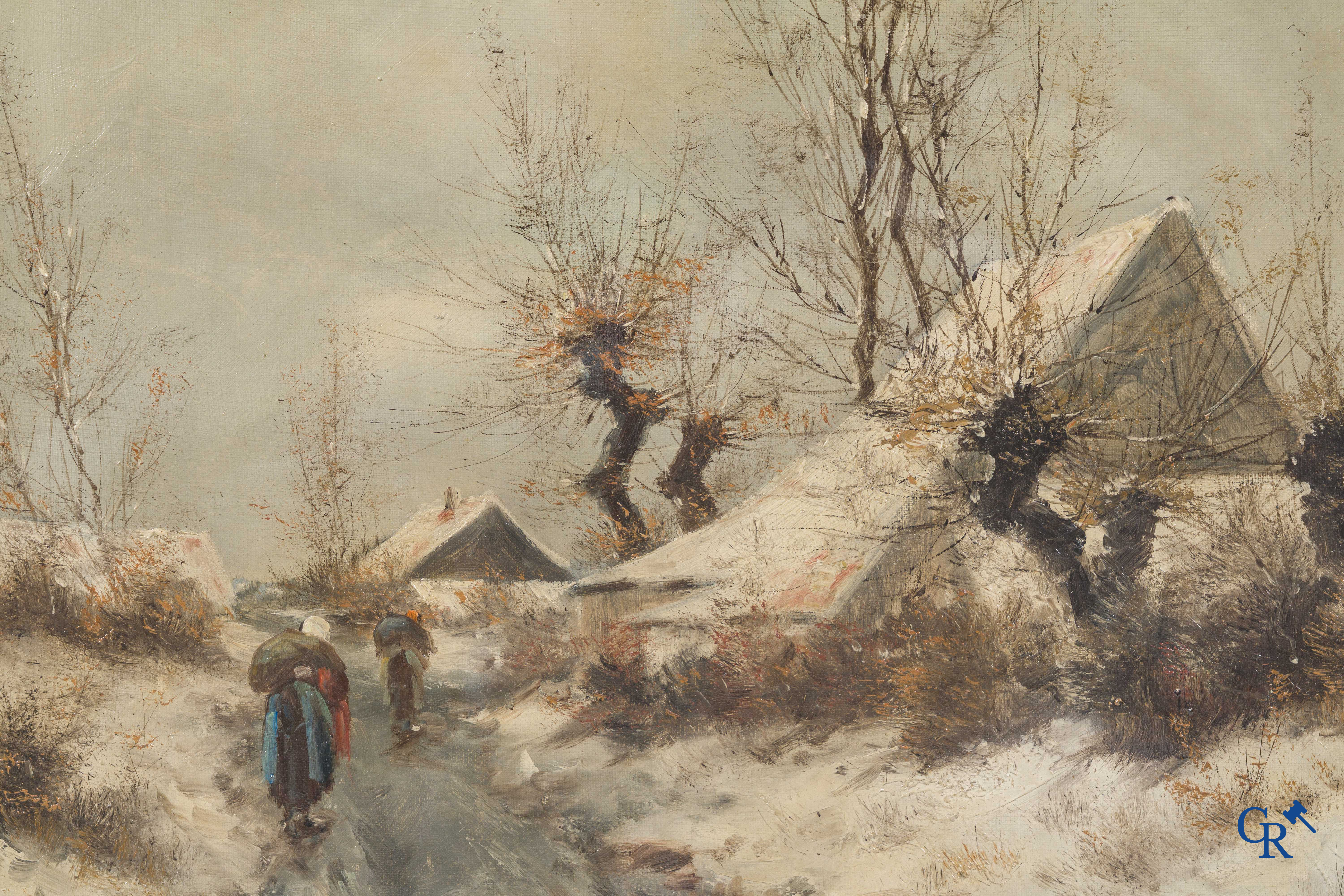 J. Giani, paysage hivernal avec des personnages. Huile sur toile dans un beau cadre doré. Signé en bas à gauche. Vers 1900.