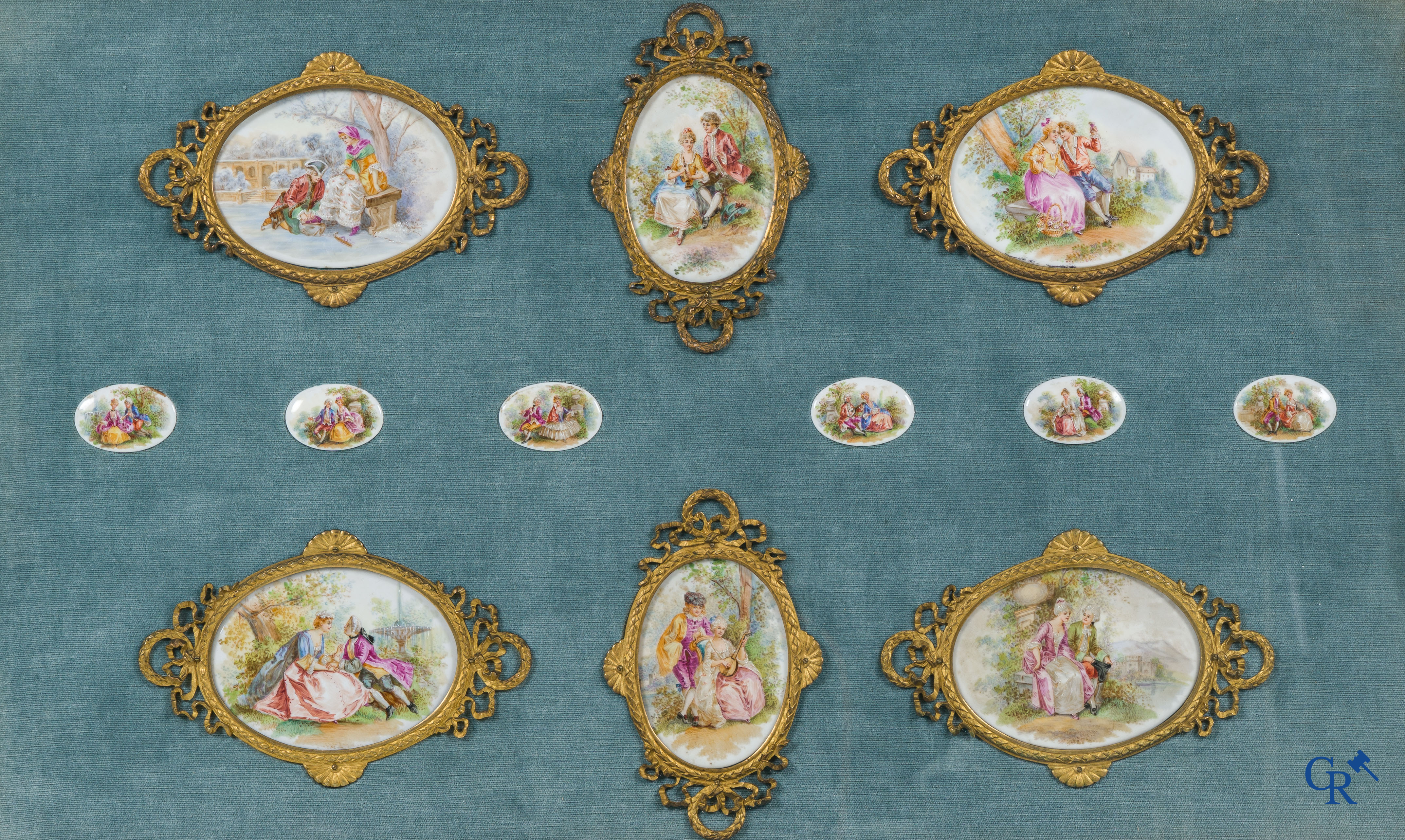 European porcelain in the manner of Sèvres, a set of 6 large porcelain plaques in a bronze LXVI-style frame.