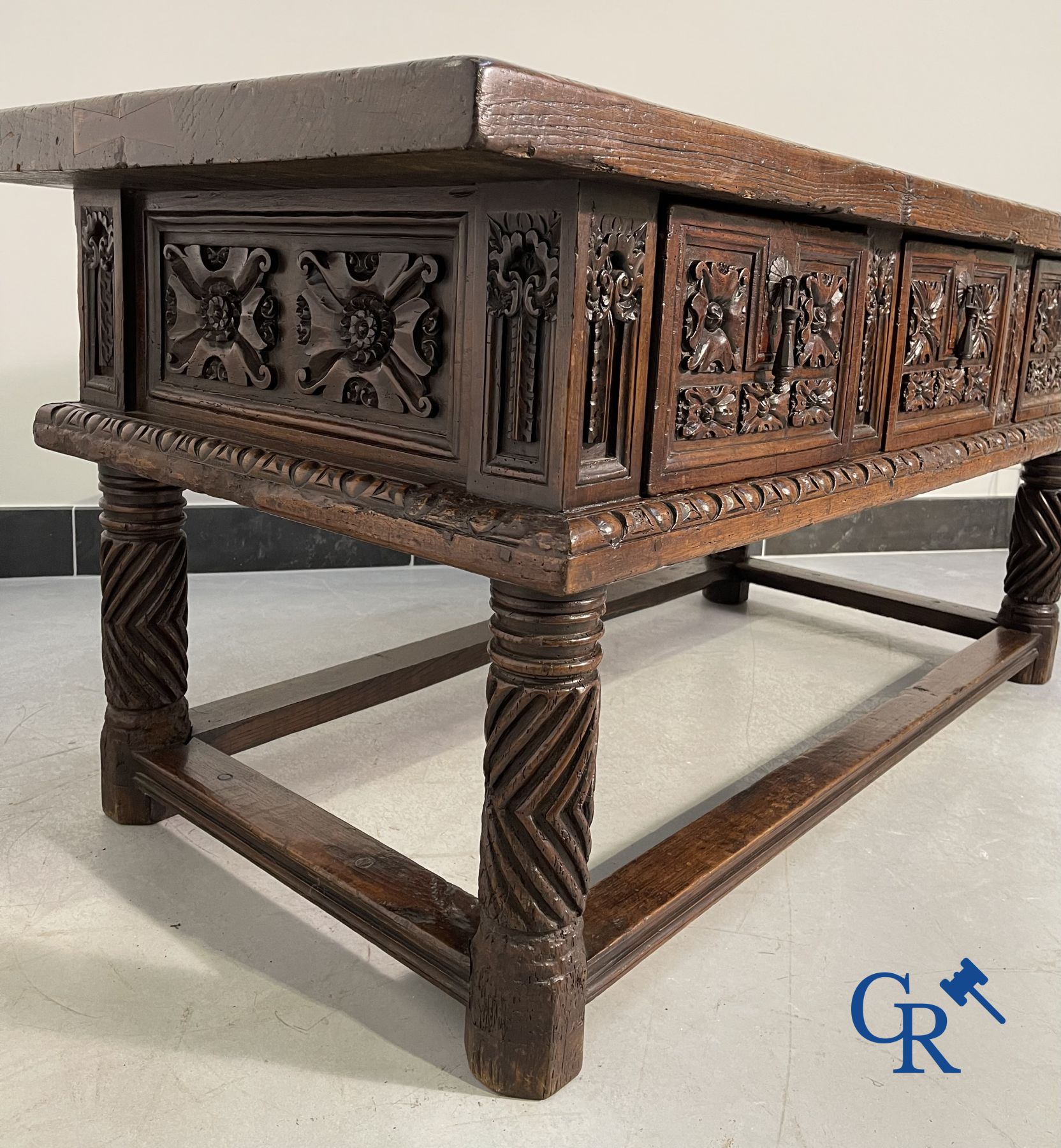 Furniture: 17th century carved walnut table with 3 drawers.