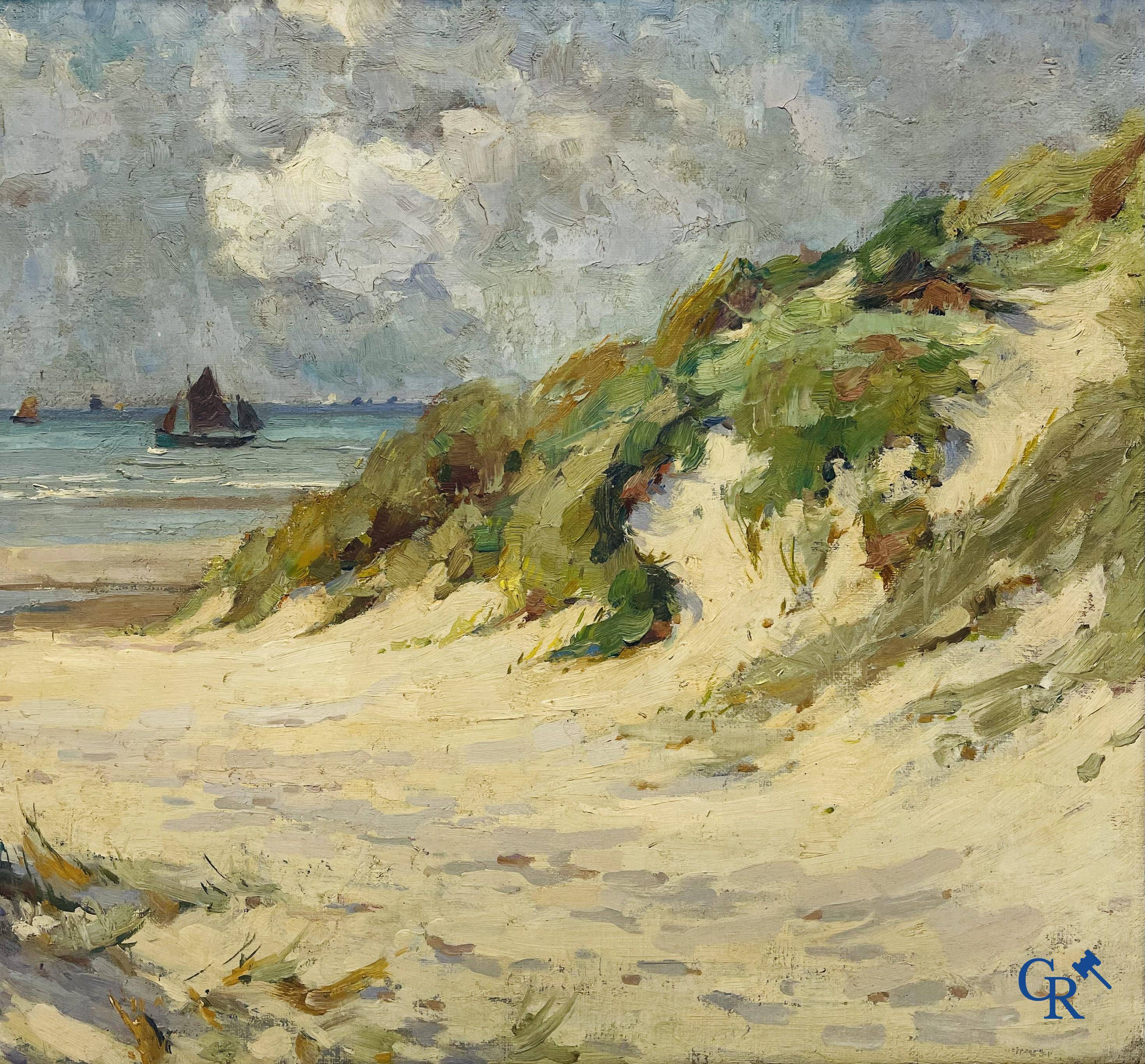 Pierre Joseph Dutillieu (1876-1960) Strandzicht met boten. Olie op doek.