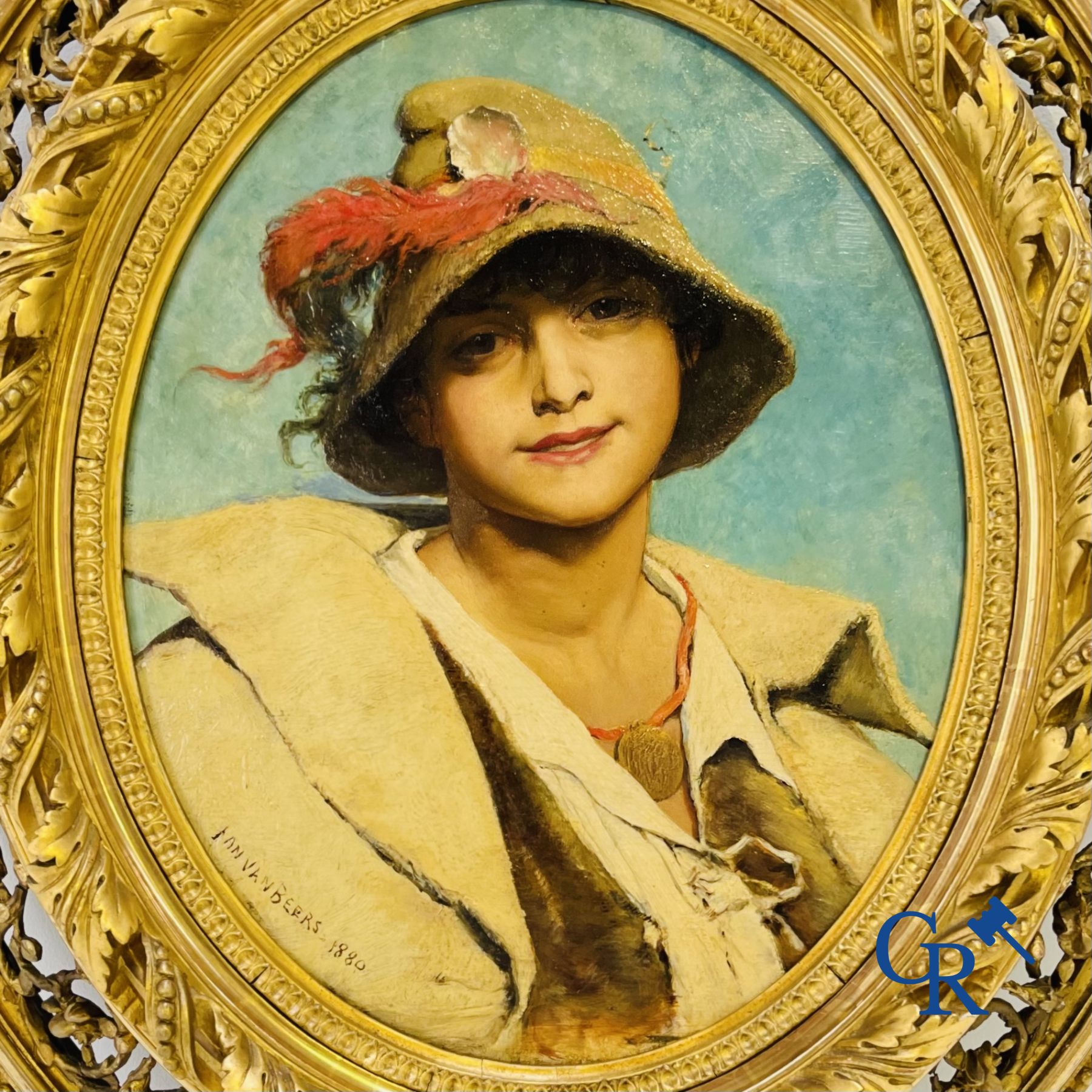 Painting: Jan Van Beers (Lier 1852 - Fay-aux Loges 1927) Romantic painting of a lady with a hat.