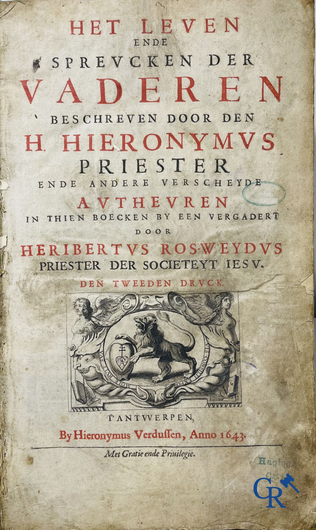 Oude boekdrukken: Rosweydus, Heribertus. Het leven ende spreucken der Vaderen beschreven door den H. Hieronymus. 1643.