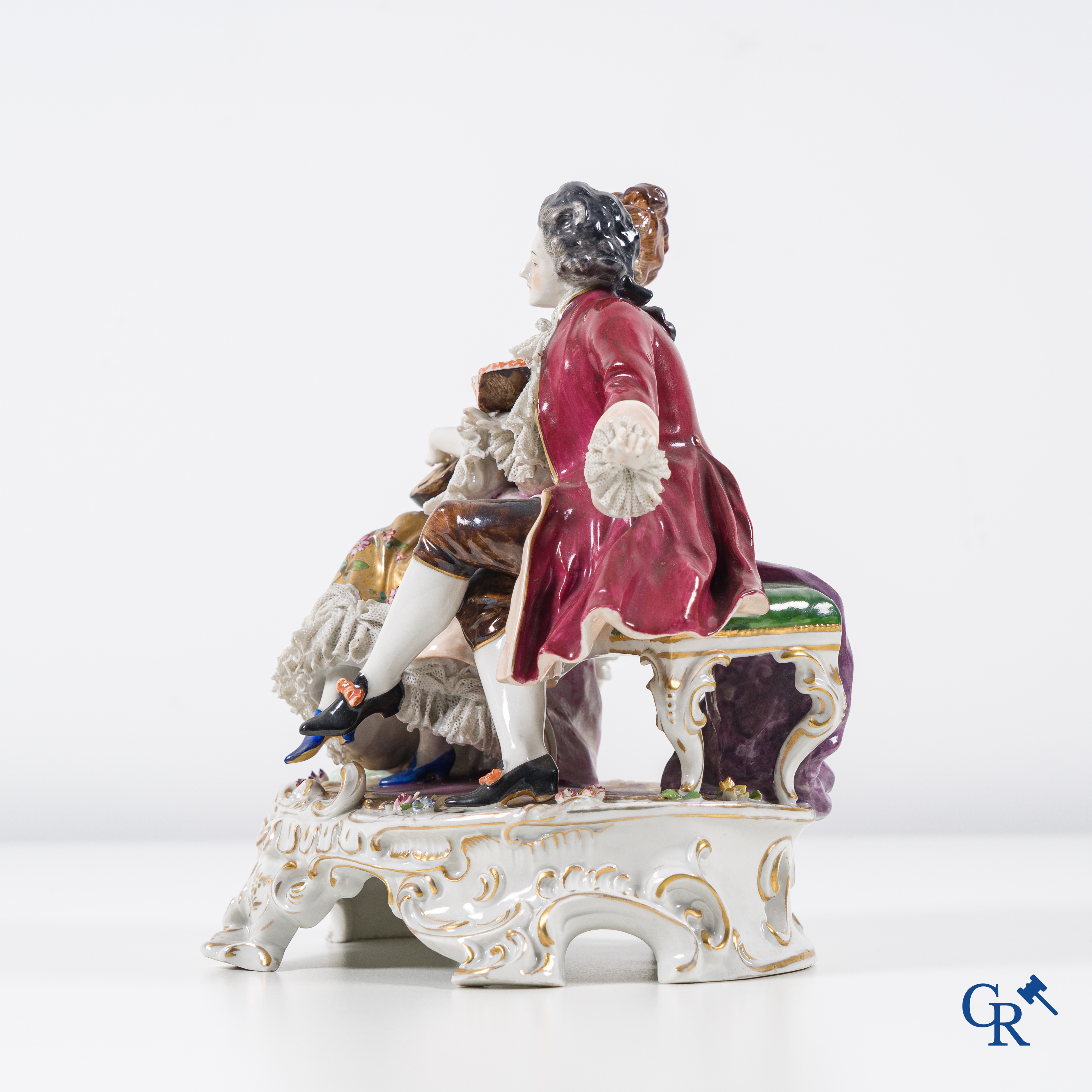 Volkstedt Rudolstadt: European porcelain, finely decorated group in lace porcelain. Music-making couple. Marked.