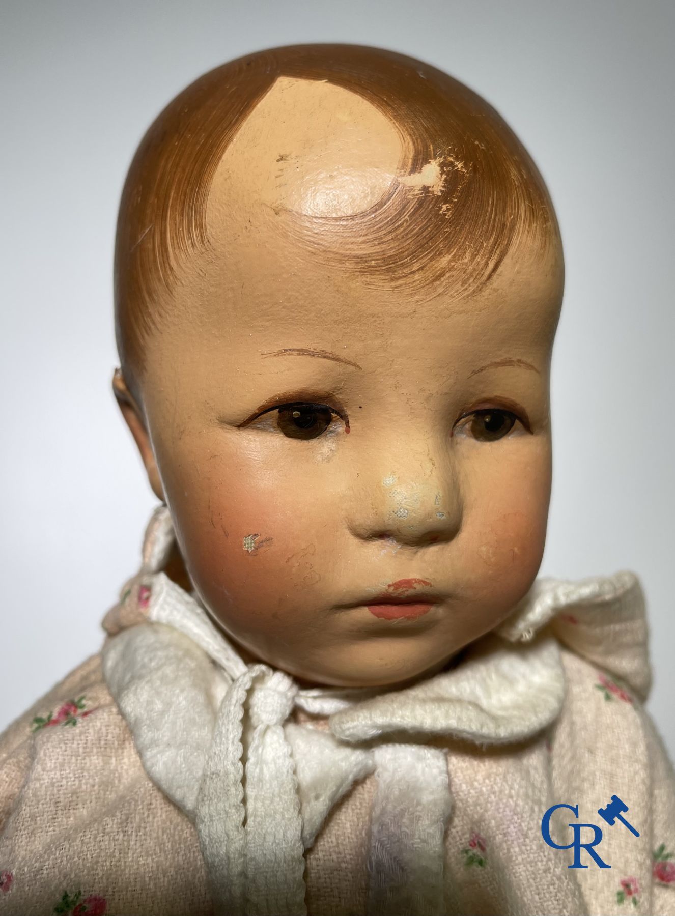 Toys: antique dolls: a lot of 6 dolls with a miniature grocery store attached.