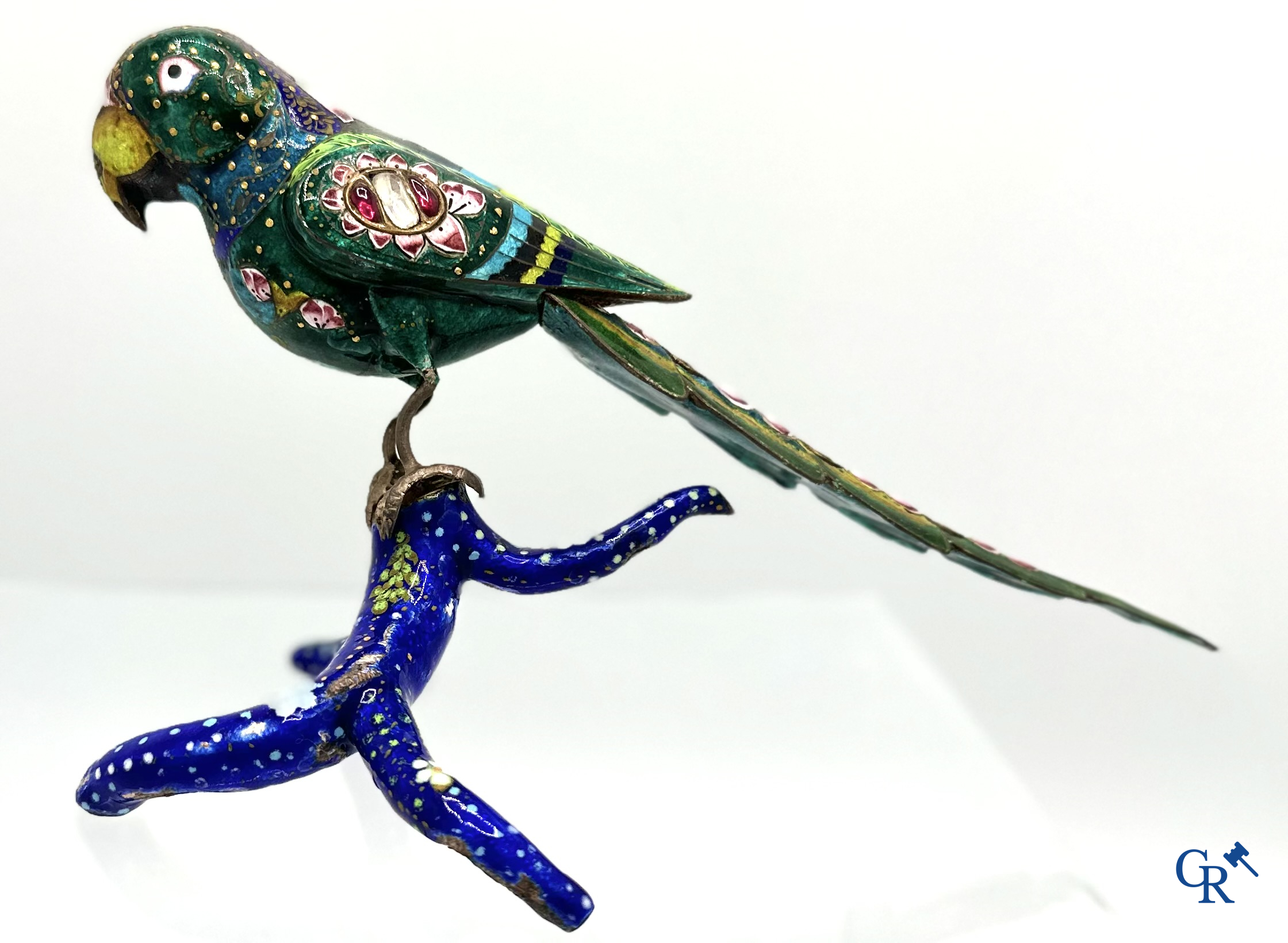 North India: Enameled parrot set with gemstones/rubis. 19th century.