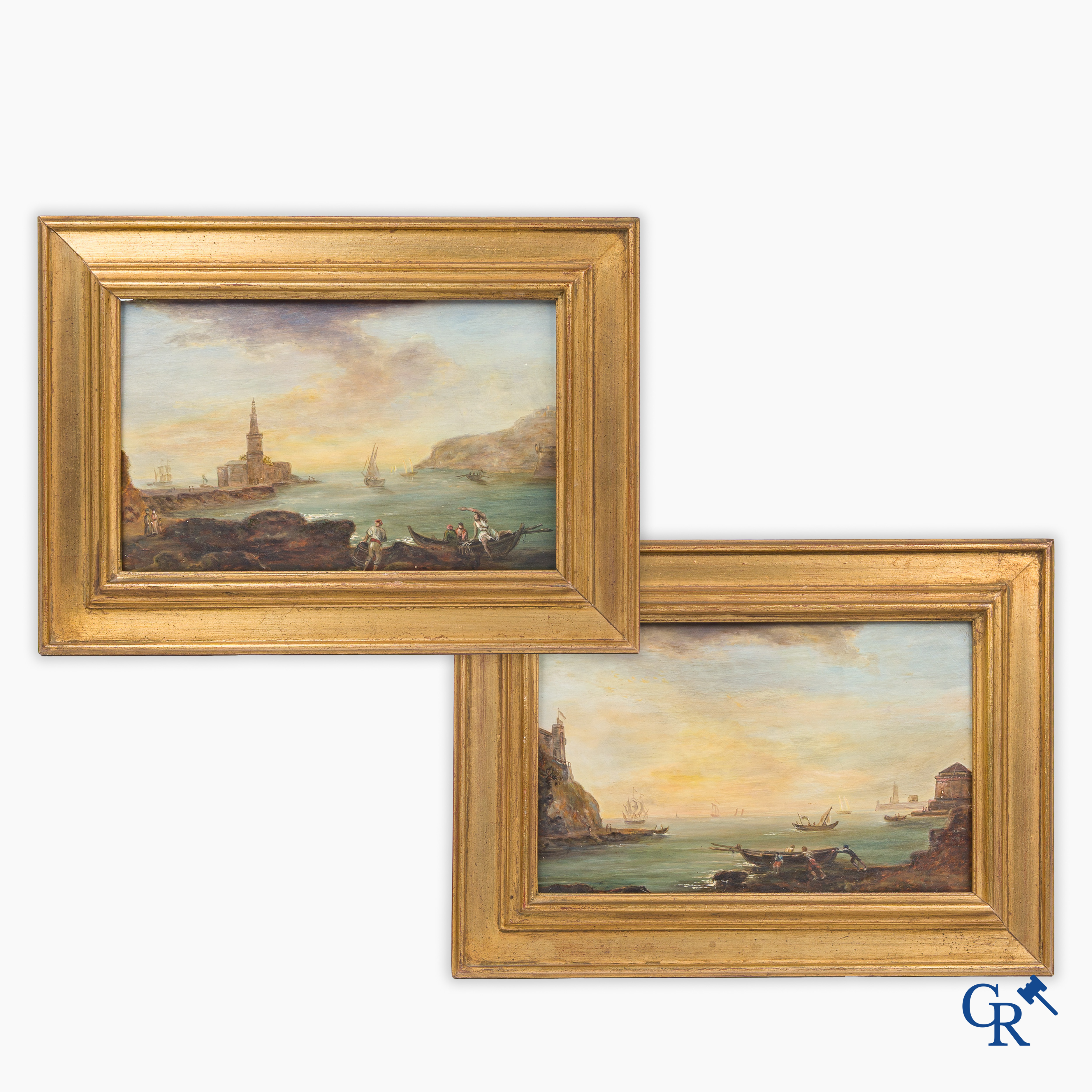 Schilderijen, een paar havenzichten (pendant) Olie op paneel. 19e eeuw.