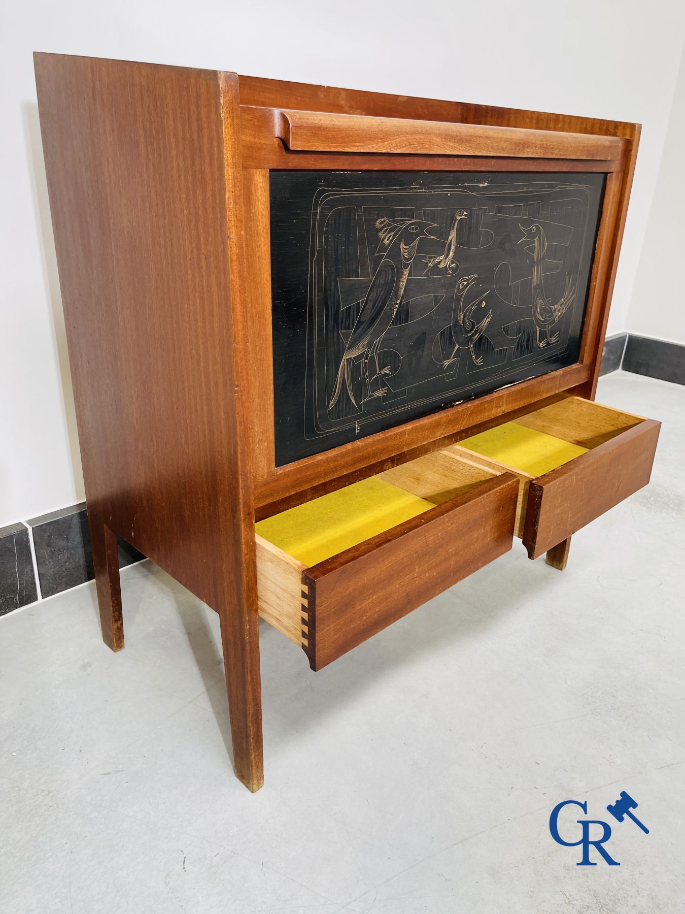 Design: 1950s - 60 bar furniture in exotic wood with paintwork.