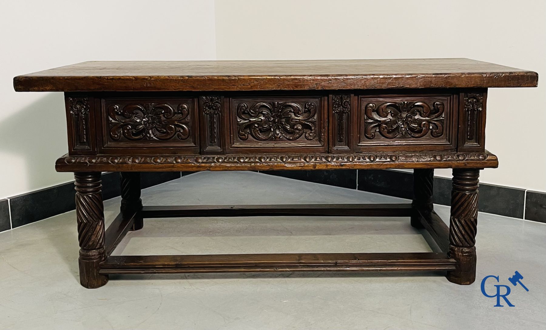 Furniture: 17th century carved walnut table with 3 drawers.