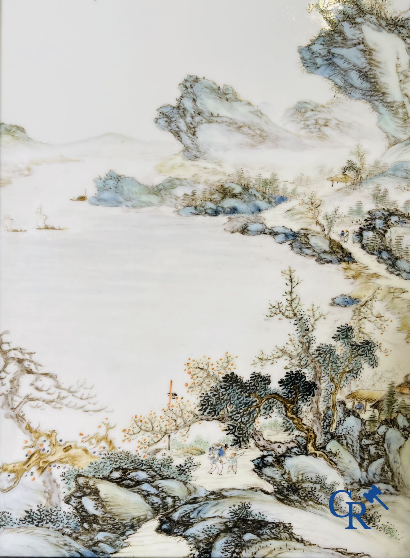 Chinese porcelain: A Chinese qianjiang cai porcelain painting in frame.