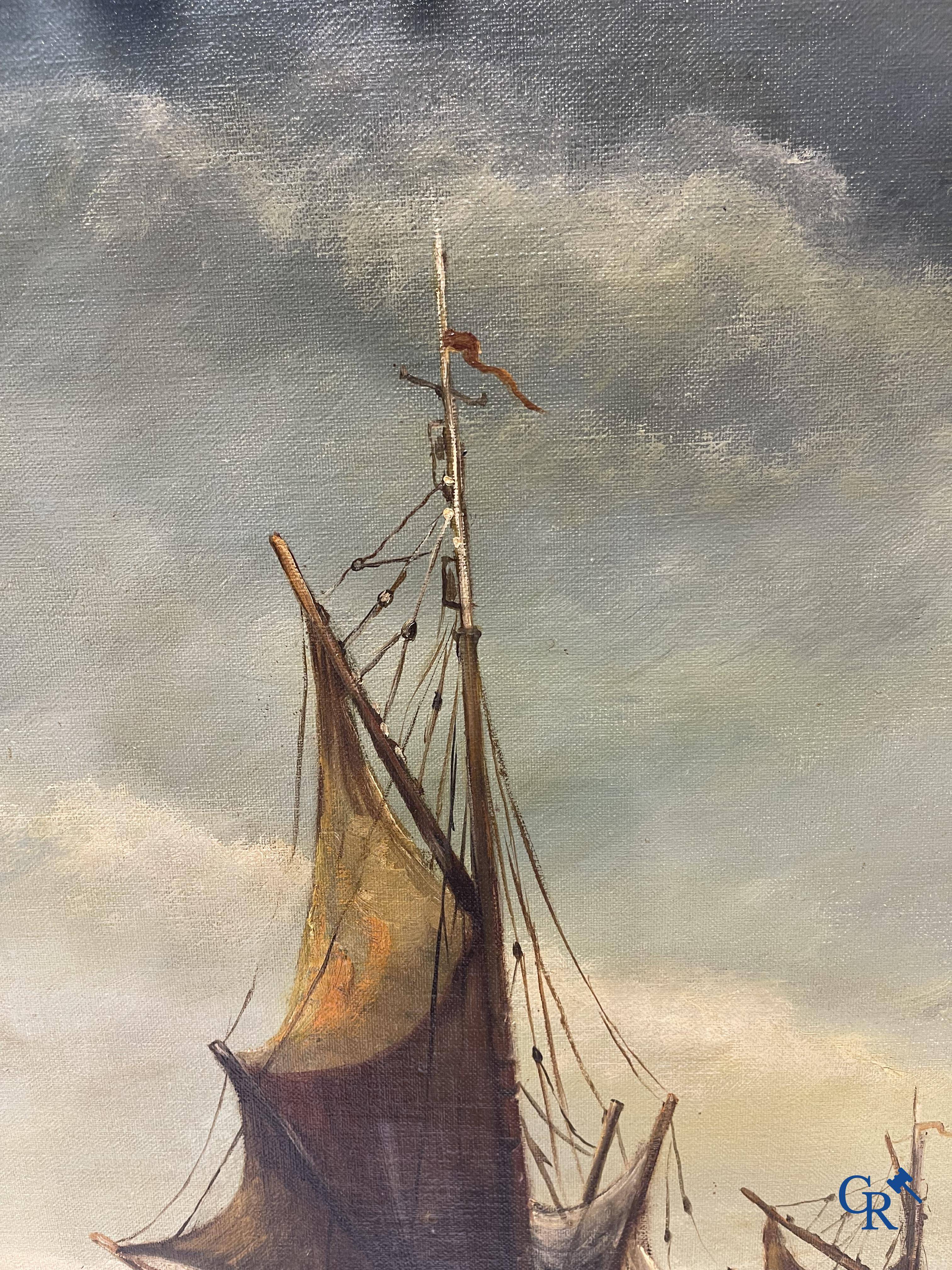 Gustave Helinck (1884-1954) Groot marineschilderij in een rijkelijk bewerkte kader.