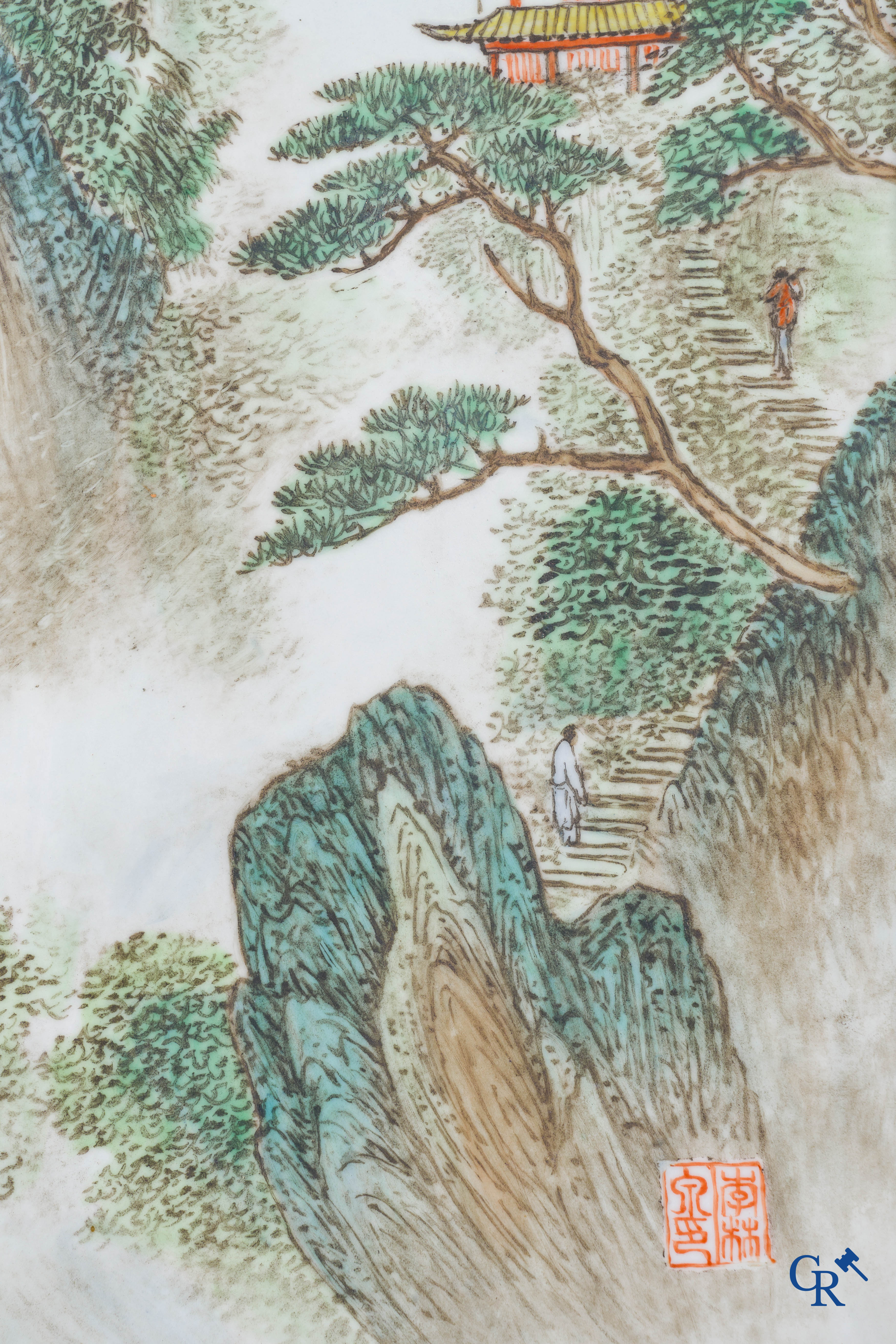 Asian Art: Chinese porcelain, 2 Chinese porcelain plaques with a decor of characters in mountain landscapes. Marked.