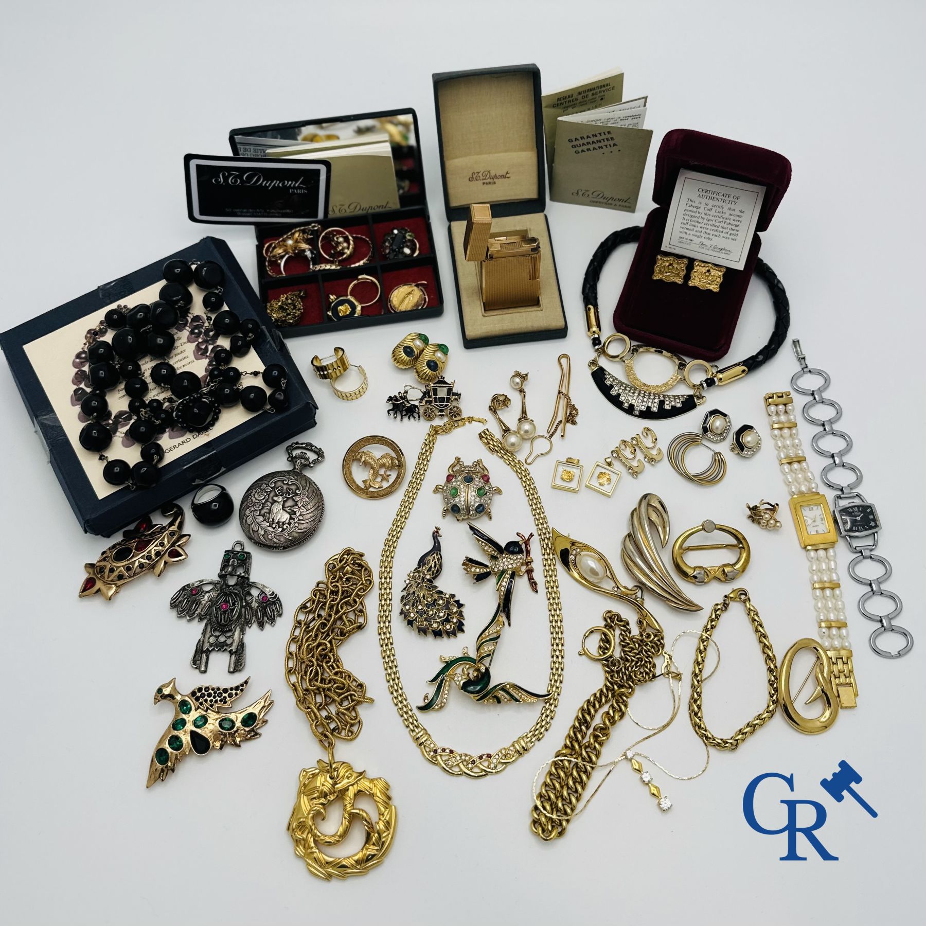 Large lot of fantasy jewellery, pocket watch, a Dupont lighter and cufflinks.