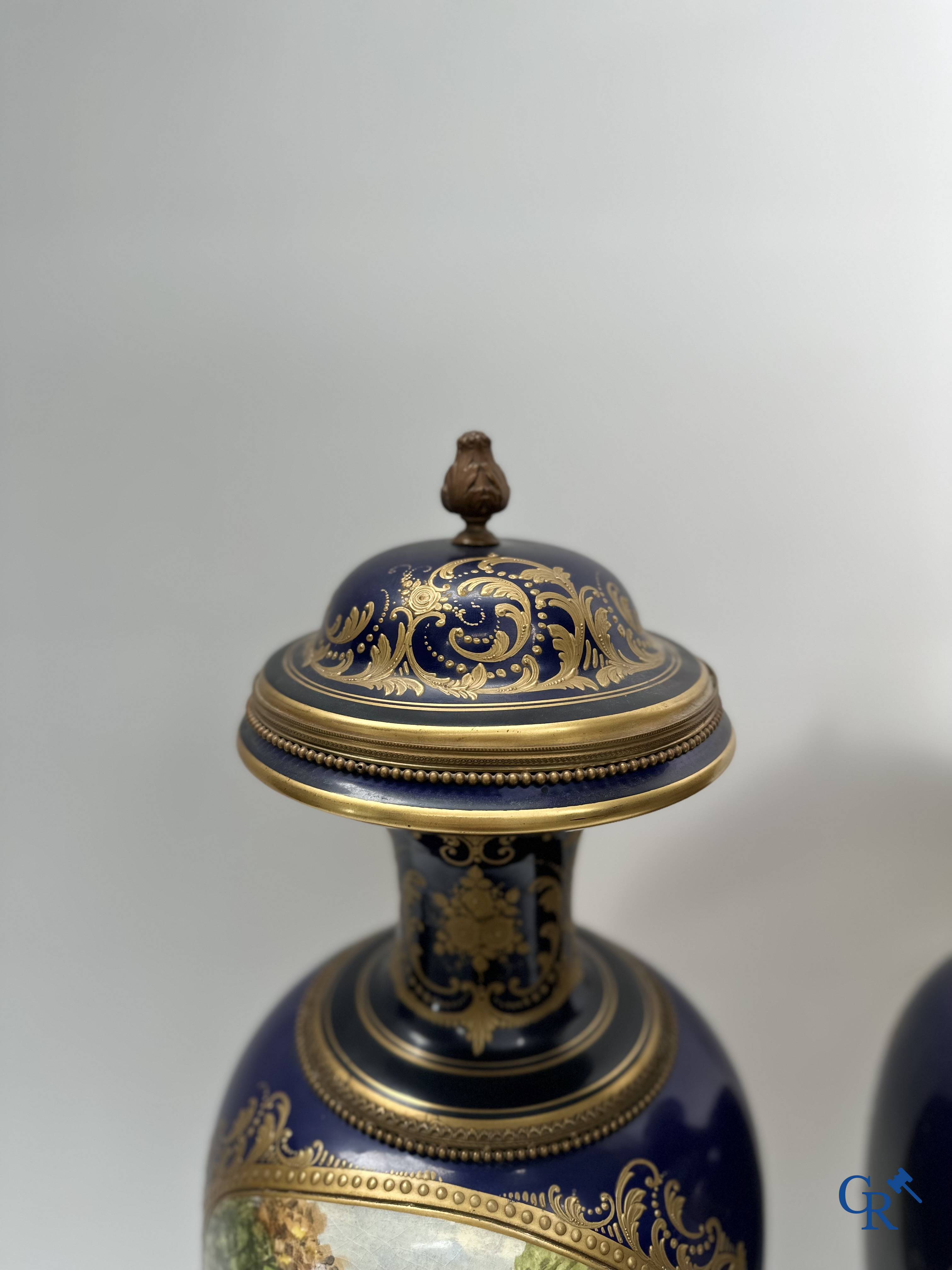 Sèvres: Pair of large bronze mounted vases in Sèvres porcelain. Late 19th century.