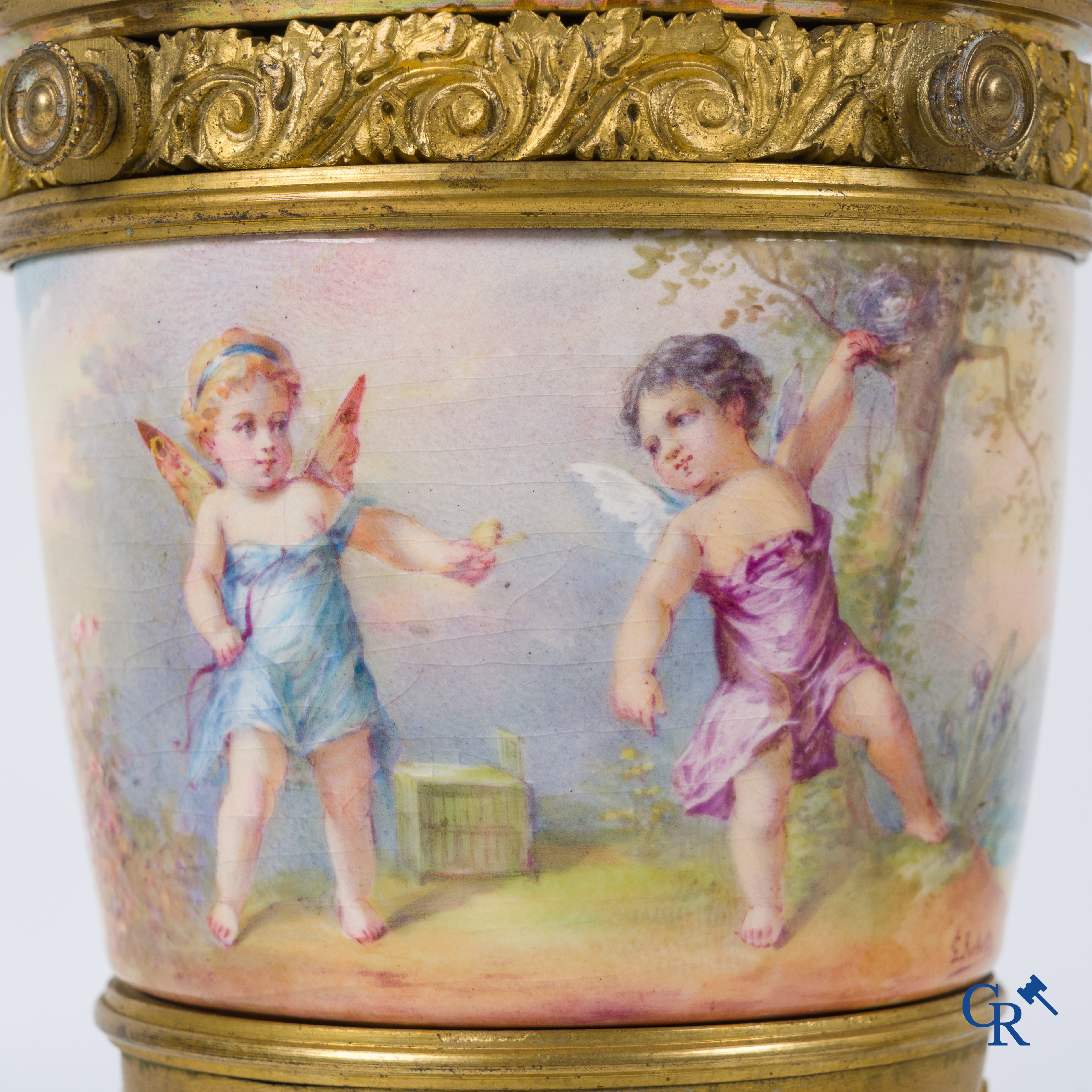 Porcelain: Sèvres: Pair of bronze mounted vases in Sèvres porcelain. Napoleon III period.