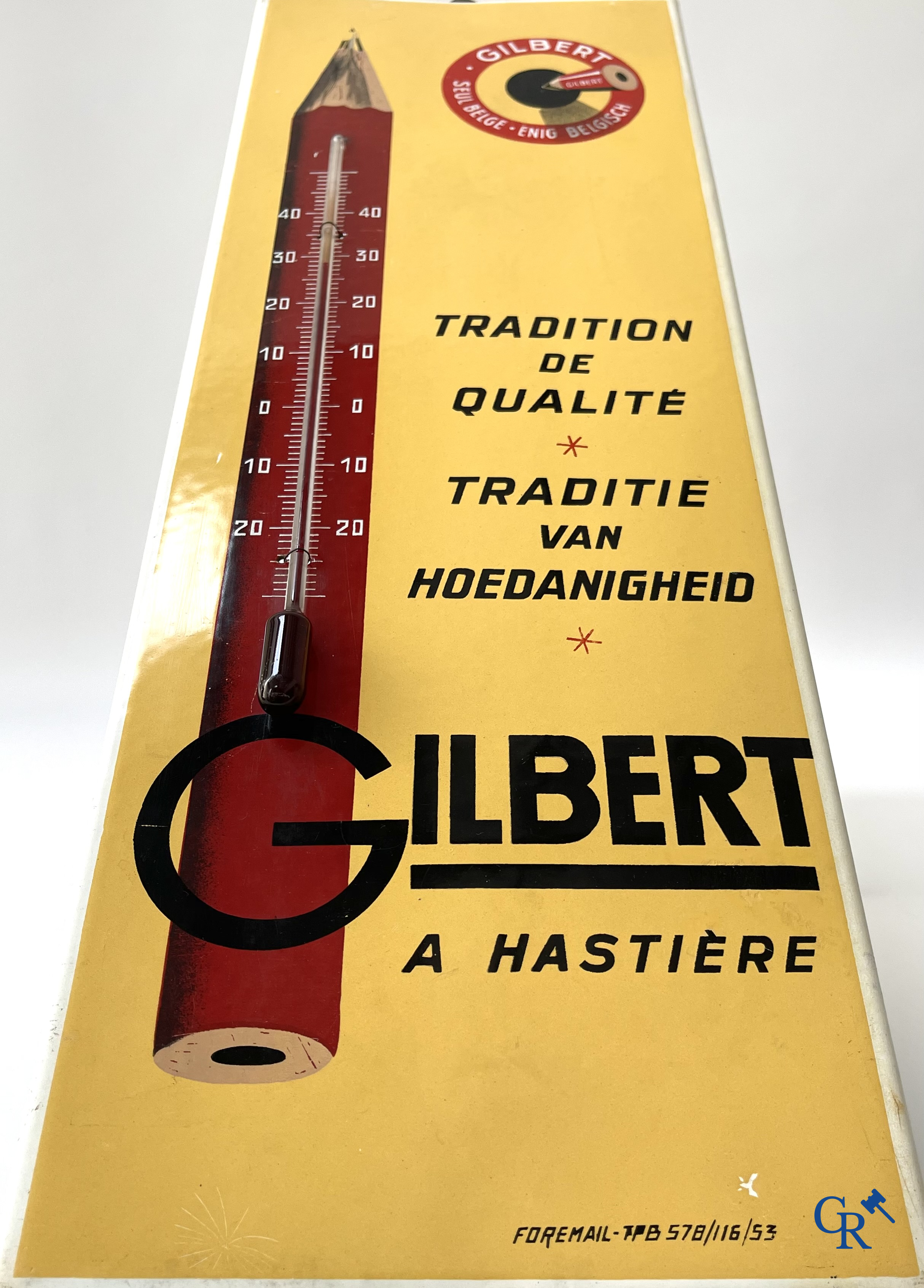 Emaille reclameborden, Publiciteits thermometer voor potlood fabrikant Gilbert à Hastière (Namen) Foremail 1953.