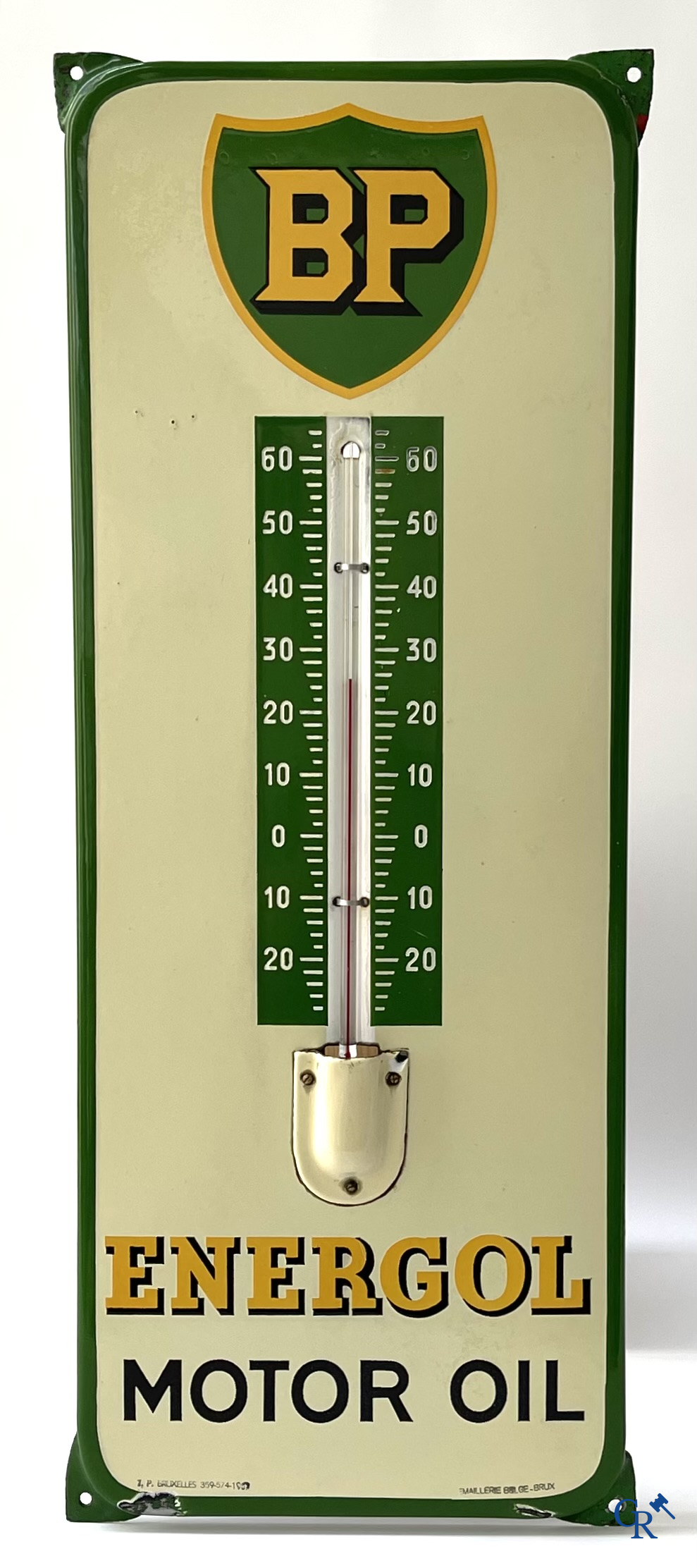 BP Motor Oil. Een emaille reclamebord met ingewerkte thermometer voor BP motorolie. Emaillerie Belge. 50'er jaren.