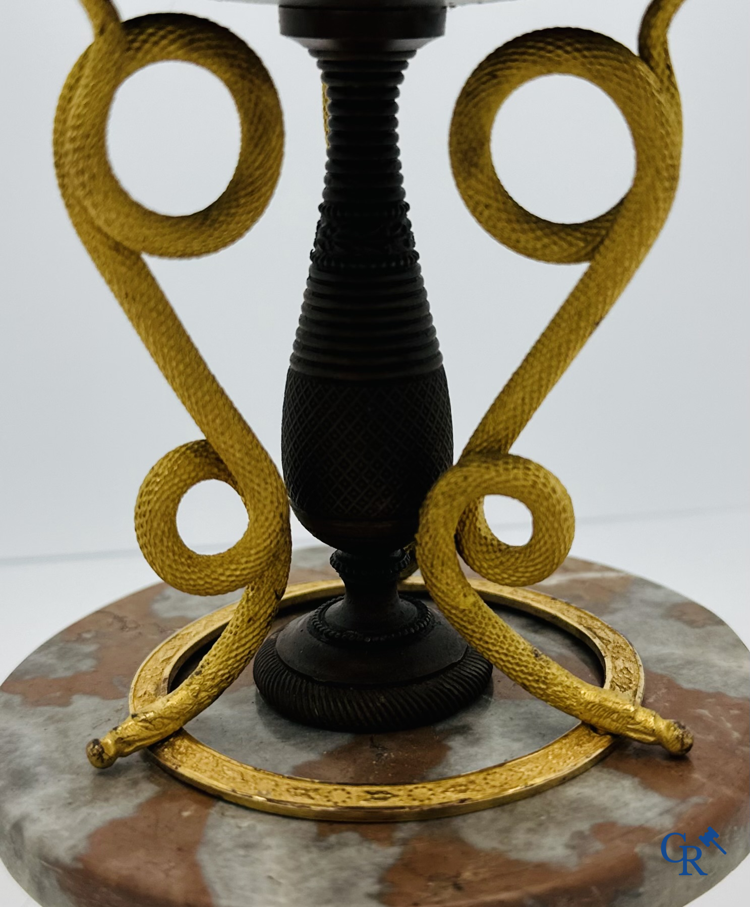 Restoration Period: Tazza with decorations of snakes in gilded and patinated bronze.