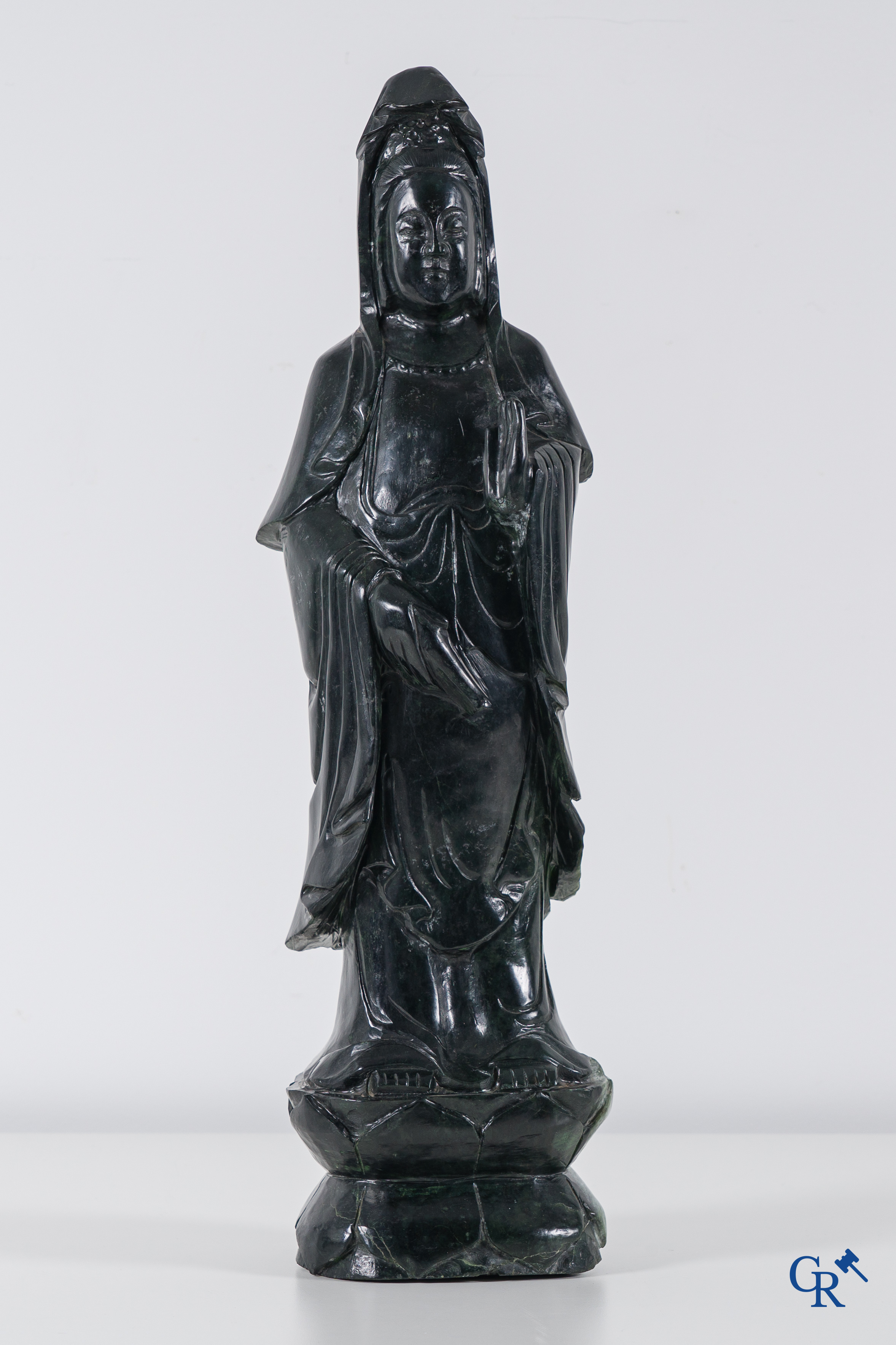 Asian Art: A Chinese water buffalo and a standing Guanyin in Jadeite. 2nd half of the 20th century.