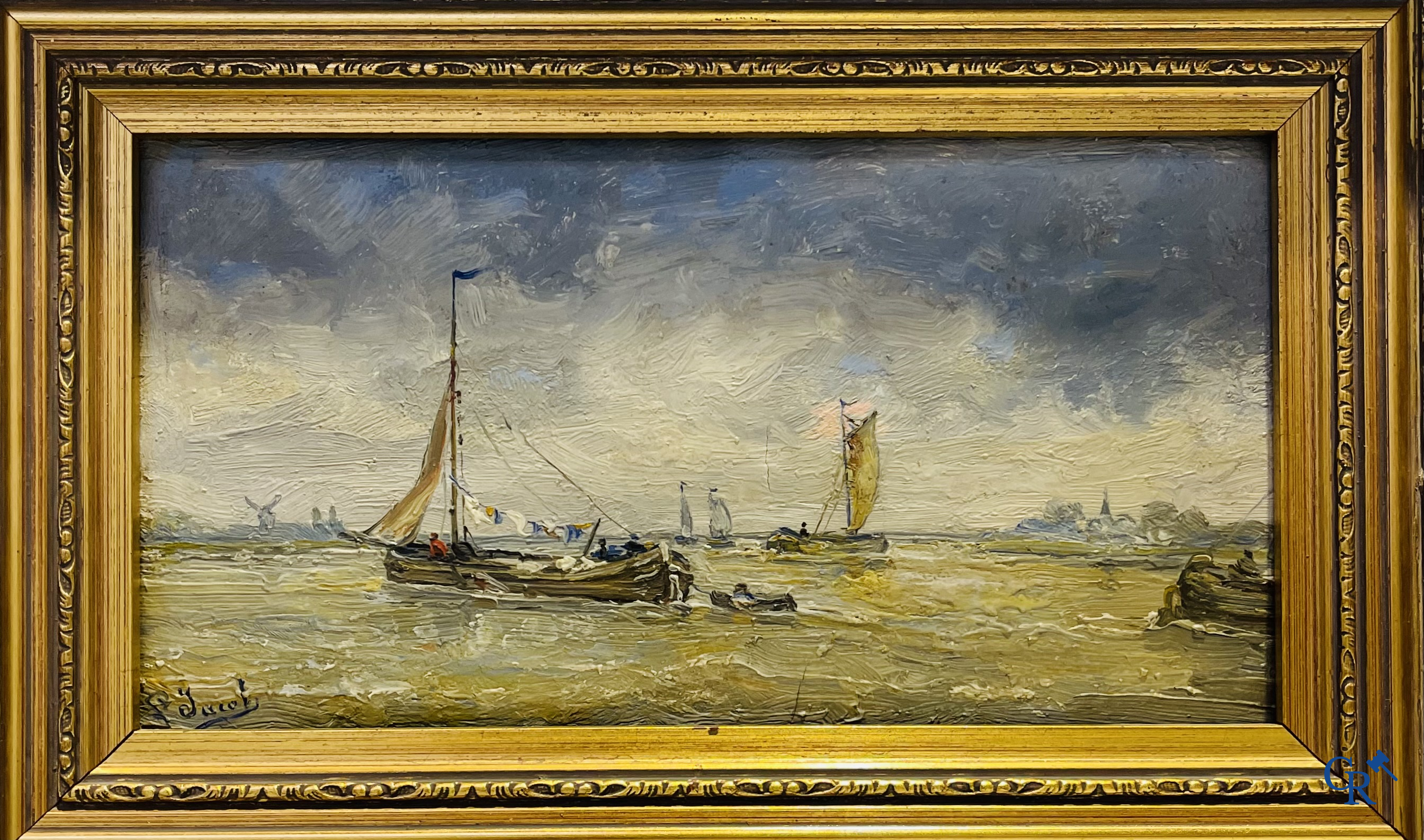 Louis Jacobs (1855-1929) Marine, huile sur panneau. Signé.