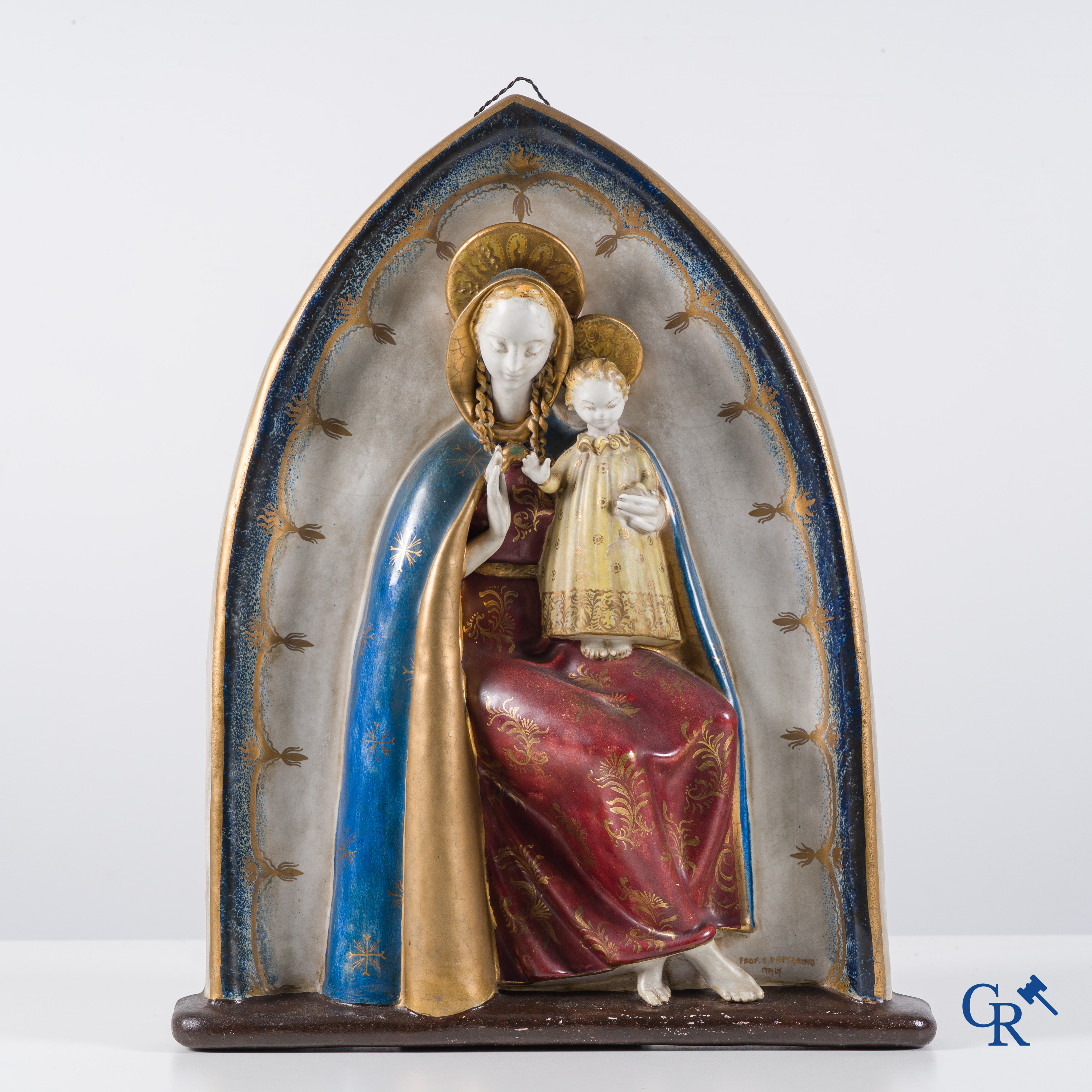 Eugenio Pattarino (1885-1971) Vierge avec enfant en céramique polychrome. Signé Prof. E. Pattarino Italie.