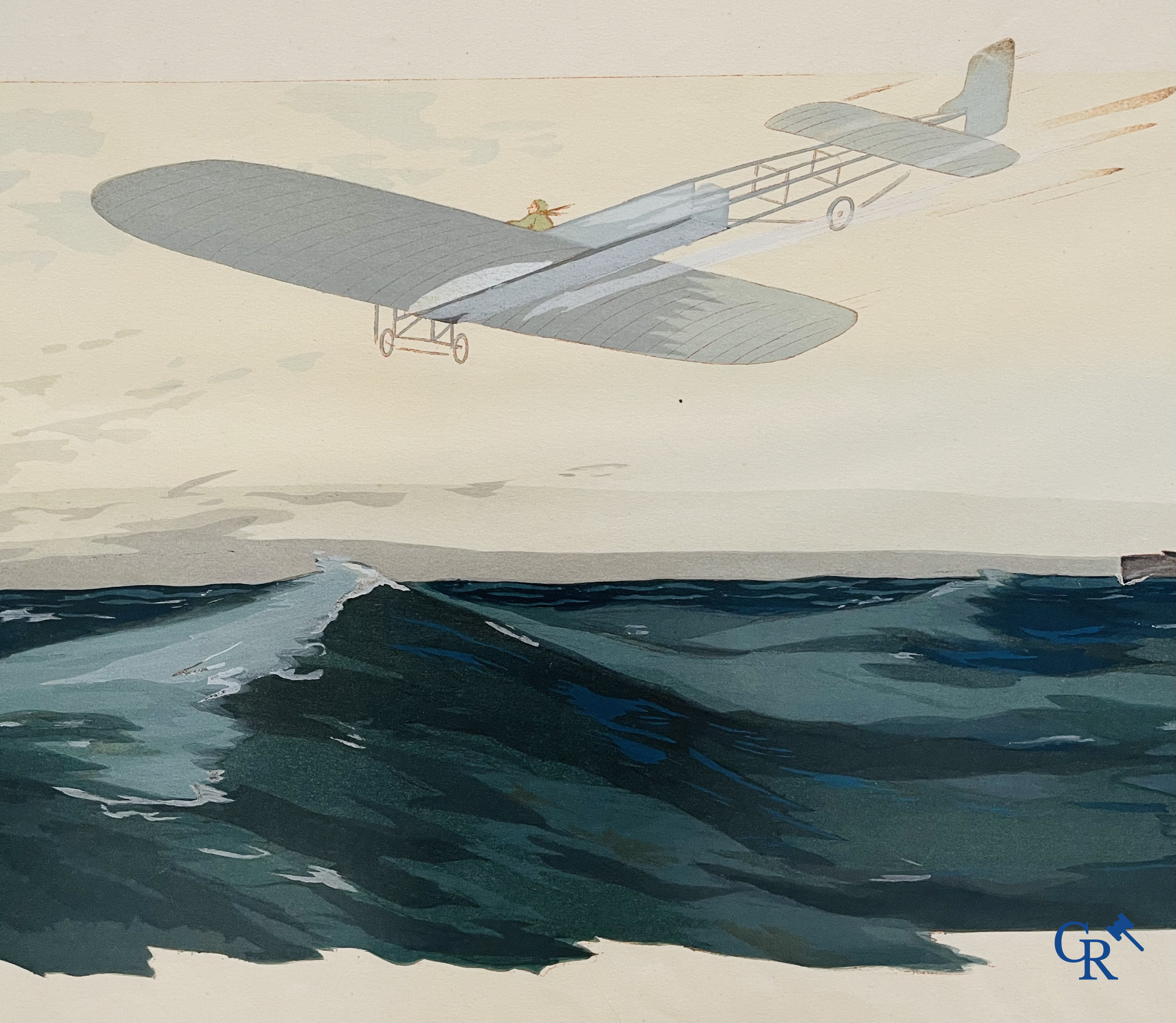 Ernest Montaut. Bleriot traversant la Manche. Kleuren lithografie,  Montaut Mabileau, copyright 1909.