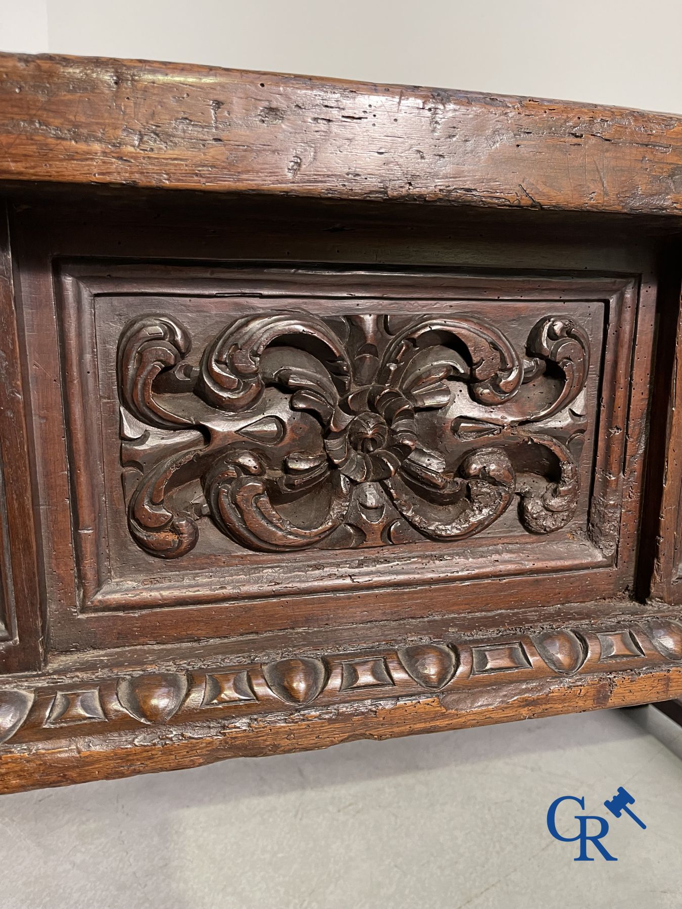 Furniture: 17th century carved walnut table with 3 drawers.