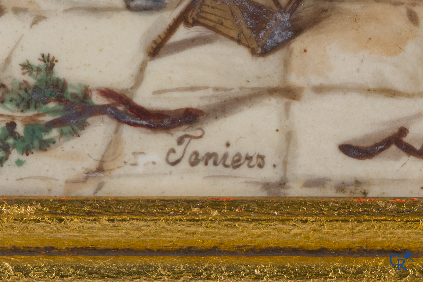 Teniers (d'après). Une paire de peintures sur porcelaine avec des scènes typiques de villages ruraux. Signé Teniers.