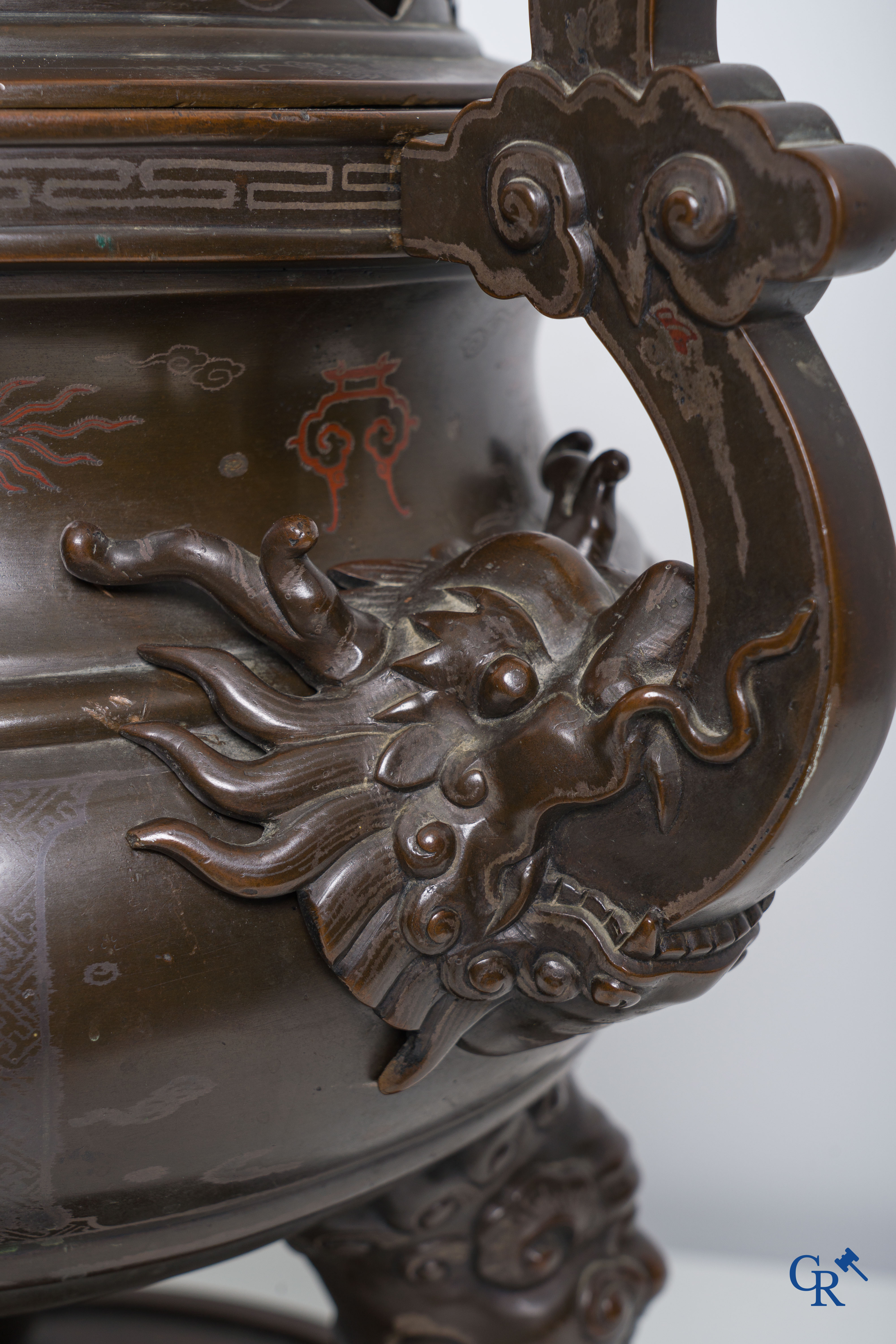 Asian Art: An impressive 3-piece Chinese bronze brûle perfume with silver and copper inlay for the Vietnamese market.