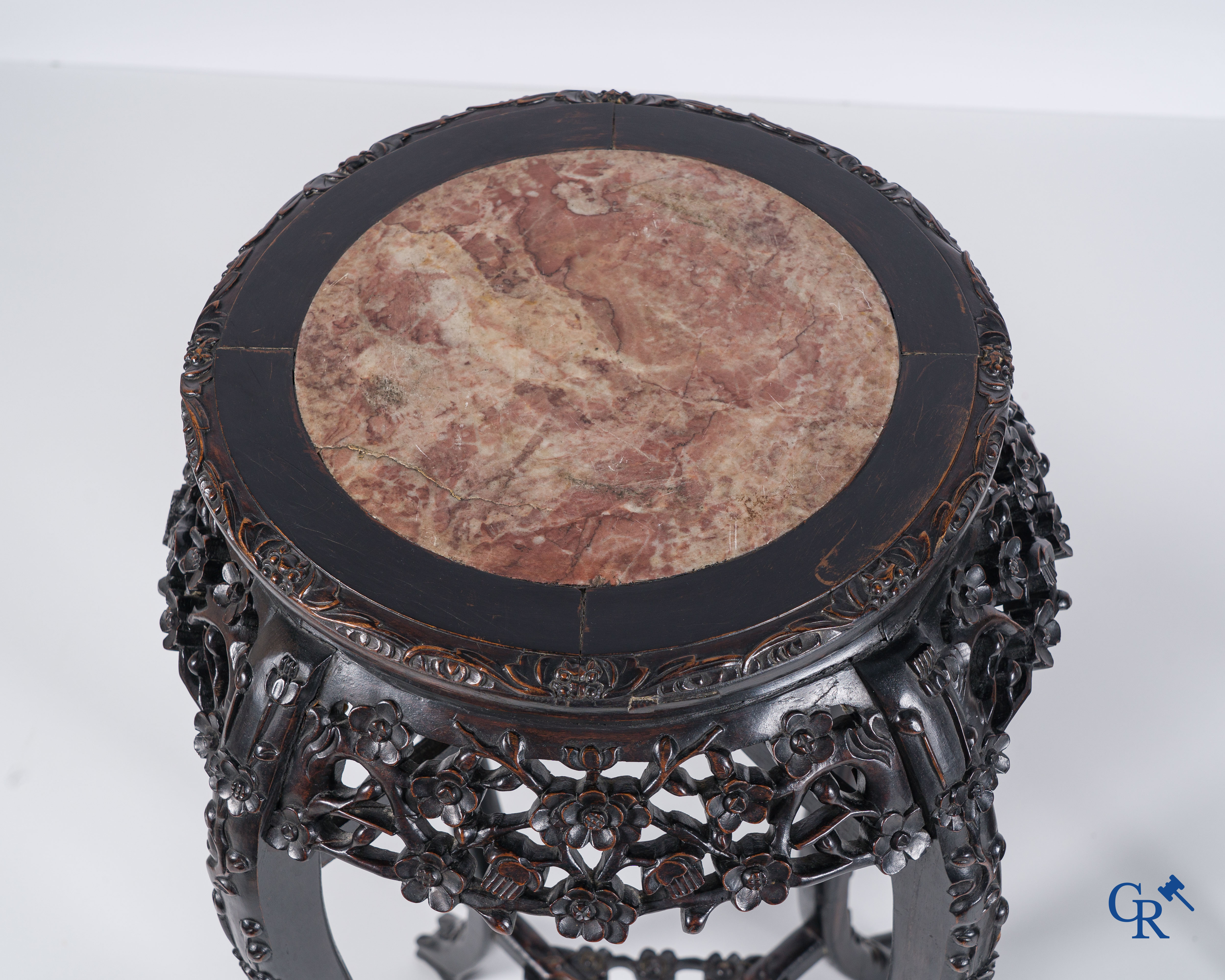 Asian Art: A pedestal in Chinese hardwood and a square Chinese painted and lacquered pedestal. 19th century.