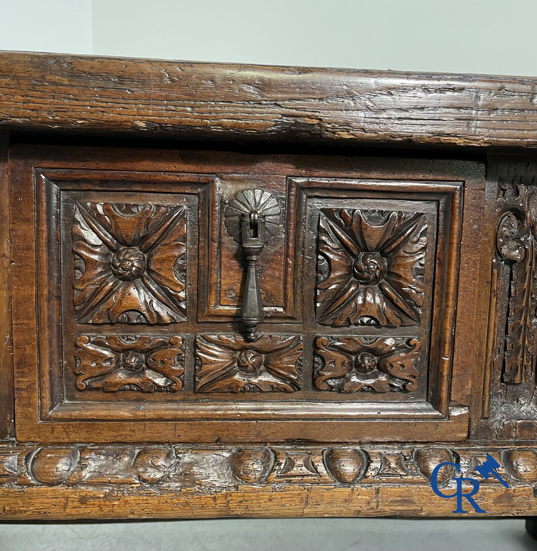 Furniture: 17th century carved walnut table with 3 drawers.