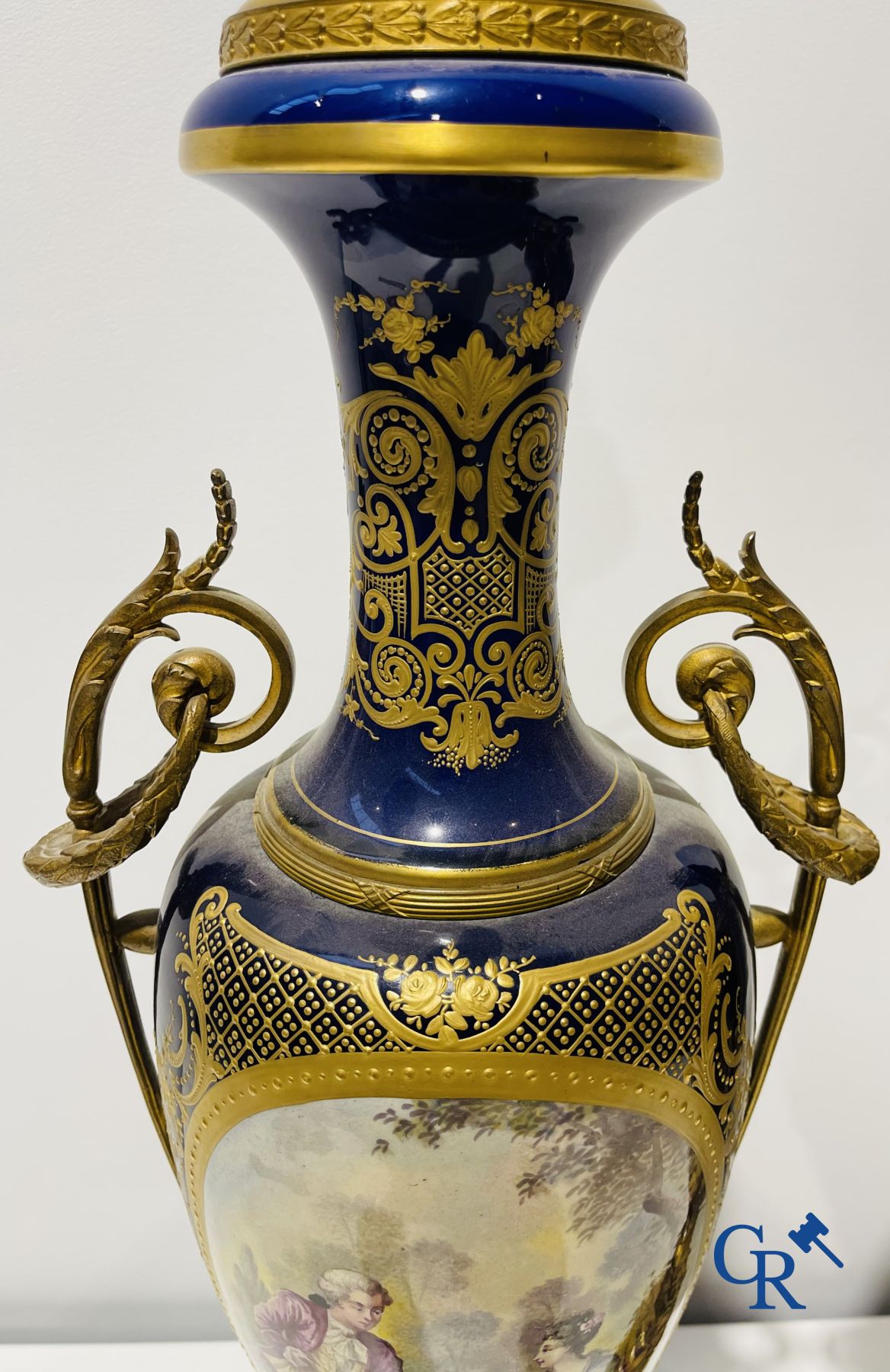 Sèvres: Poitevin. Pair of large vases in faience and bronze frames with romantic scenes. LXVI style. 19th-20th century.