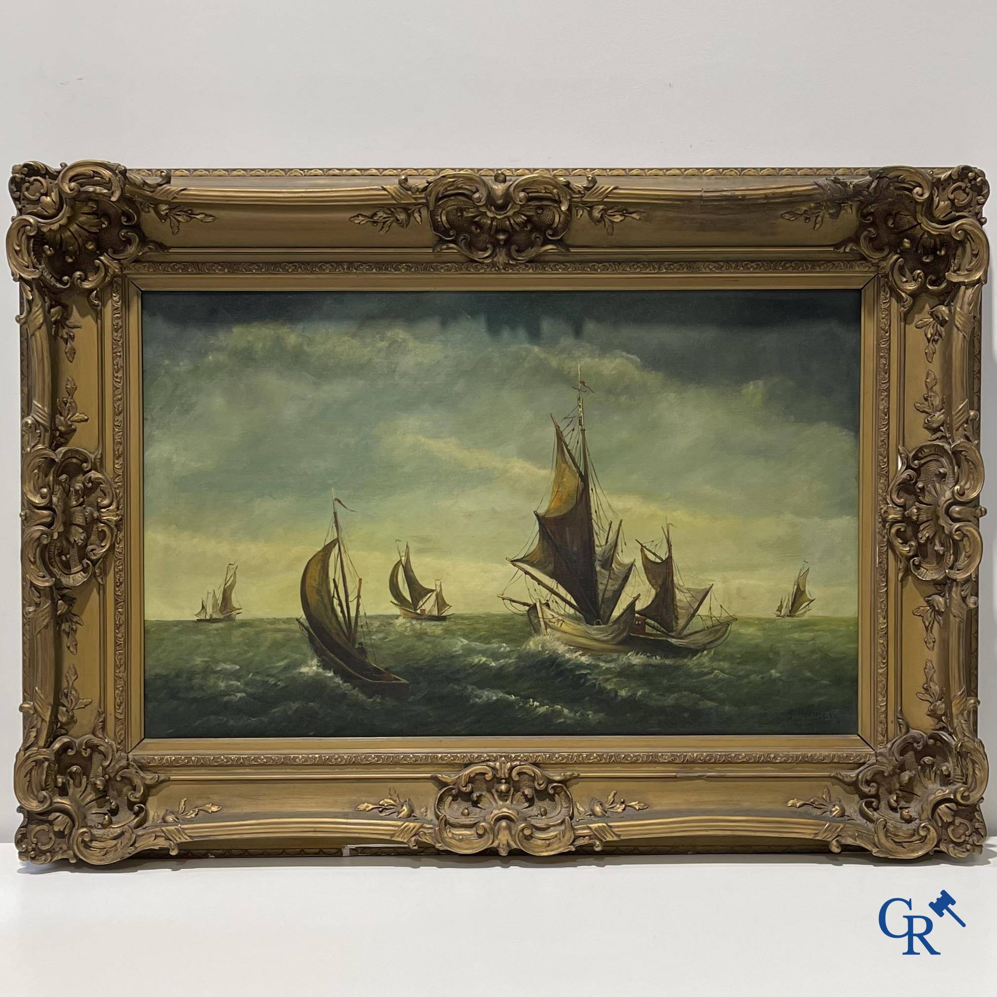 Gustave Helinck (1884-1954) Groot marineschilderij in een rijkelijk bewerkte kader.