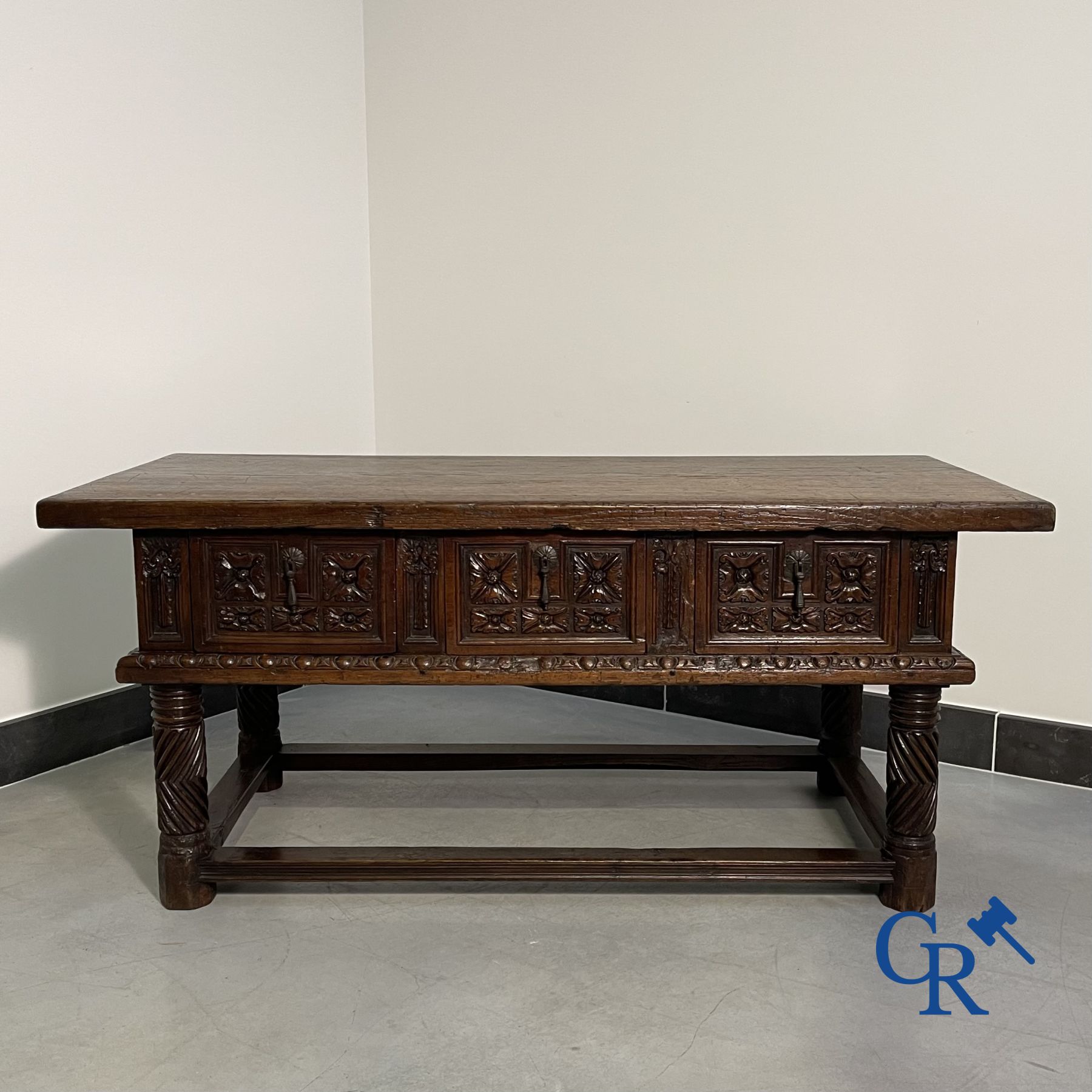 Furniture: 17th century carved walnut table with 3 drawers.