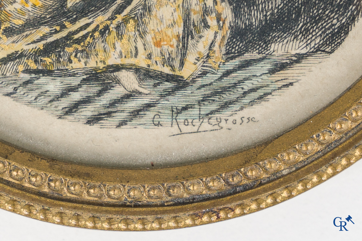 A lot of 2 miniature portraits and a decorative frame with a print by Rochegrosse.