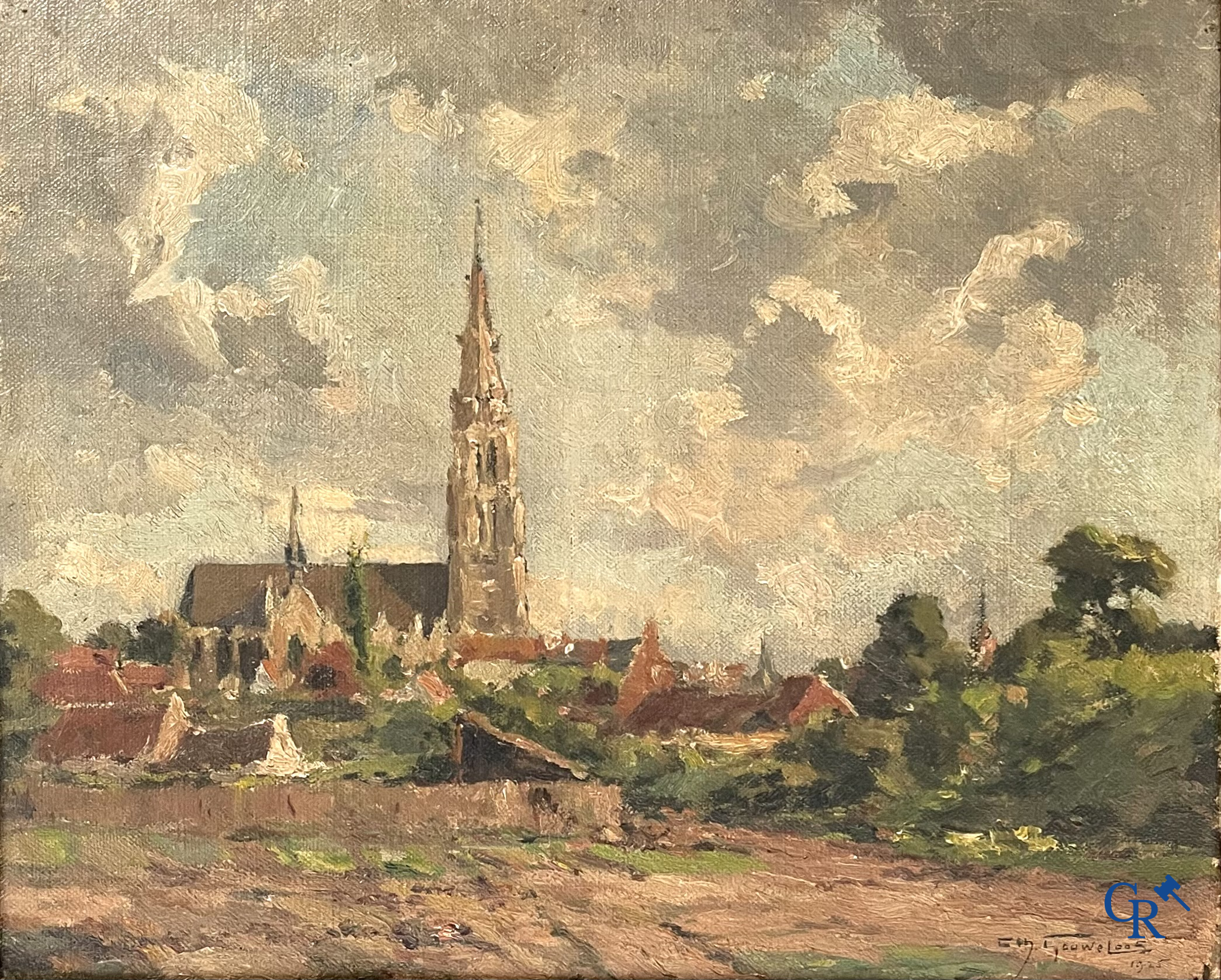 Charles Gouweloos (1867-1946) Vue de village, huile sur toile. Signé et daté en bas à droite 1925.