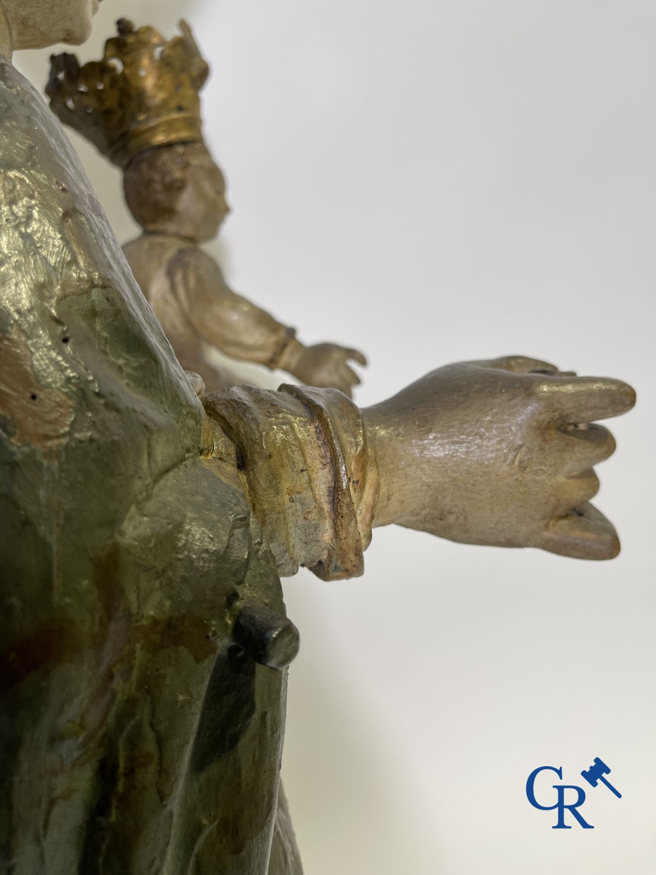 Wooden polychrome Baroque sculpture of Mary with child. The Crown inlaid with an amber-like rock.