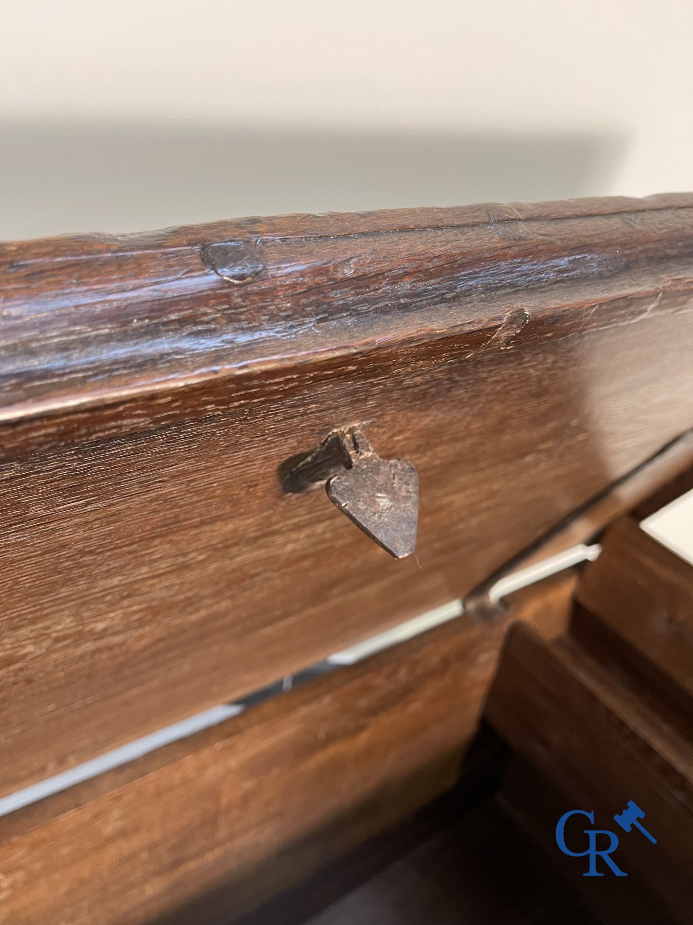 Furniture: Large sculpted oak chest. England, dated 1810.