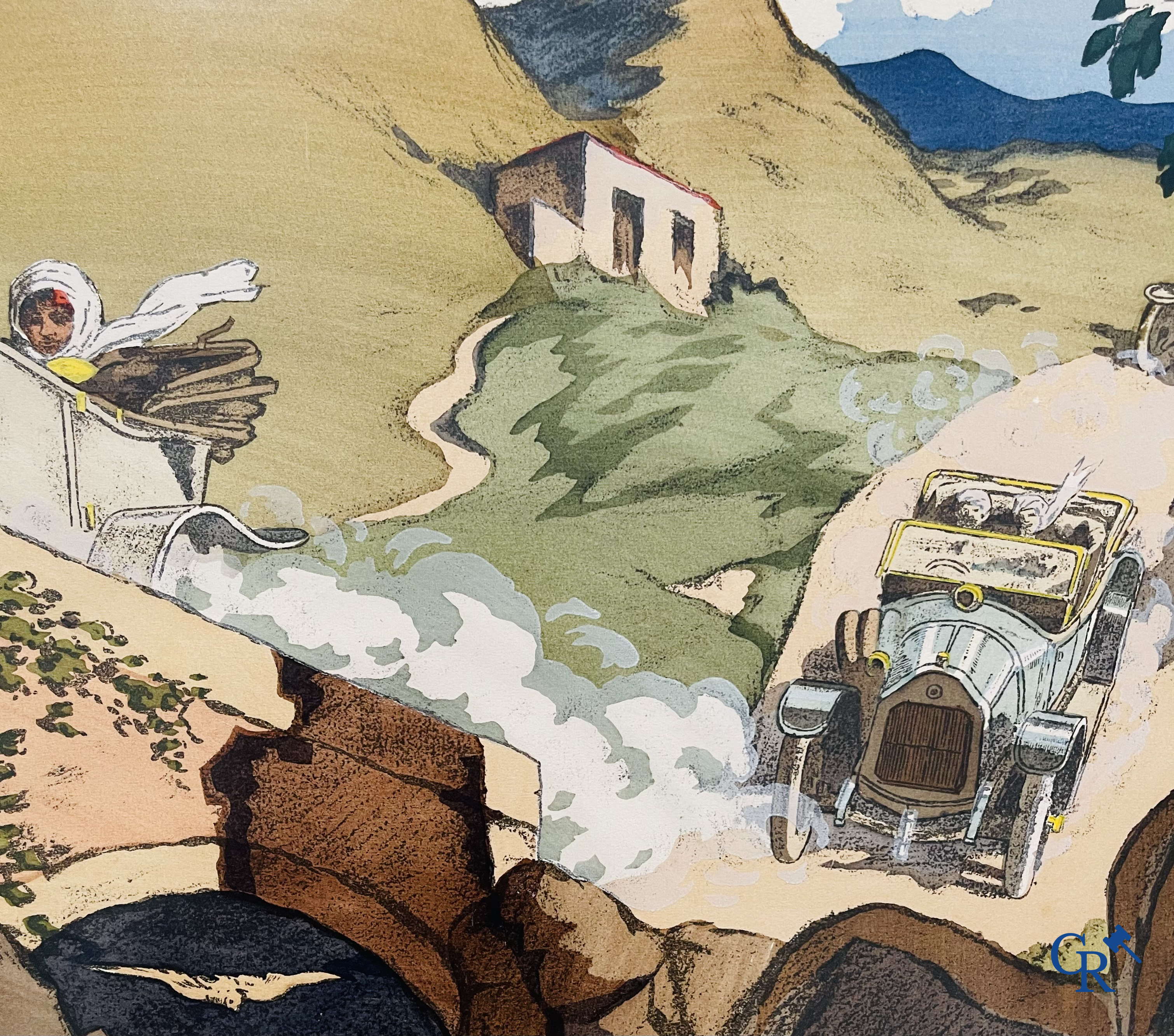 André Nevil, L'équipe "La Licorne" dans le Tour De France 1912. Kleuren lithografie. Mabileau & Comp. Paris 1912.