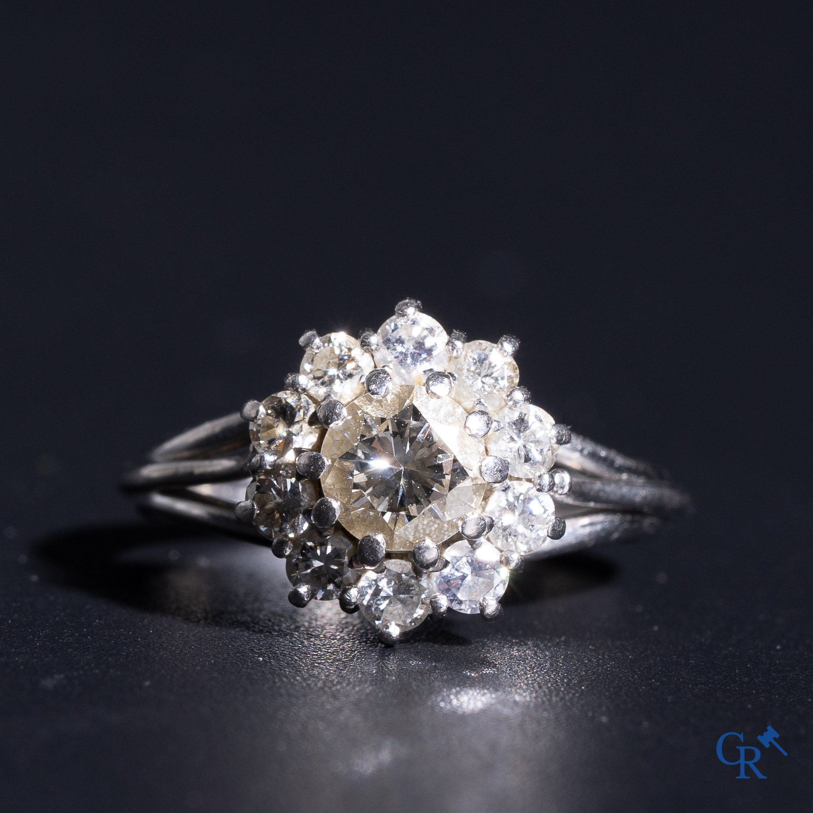 Juwelen: Een damesring in witgoud 18K (750°/00) met een centrale diamant van 0,5 ct omringd door 10 kleine diamantjes.