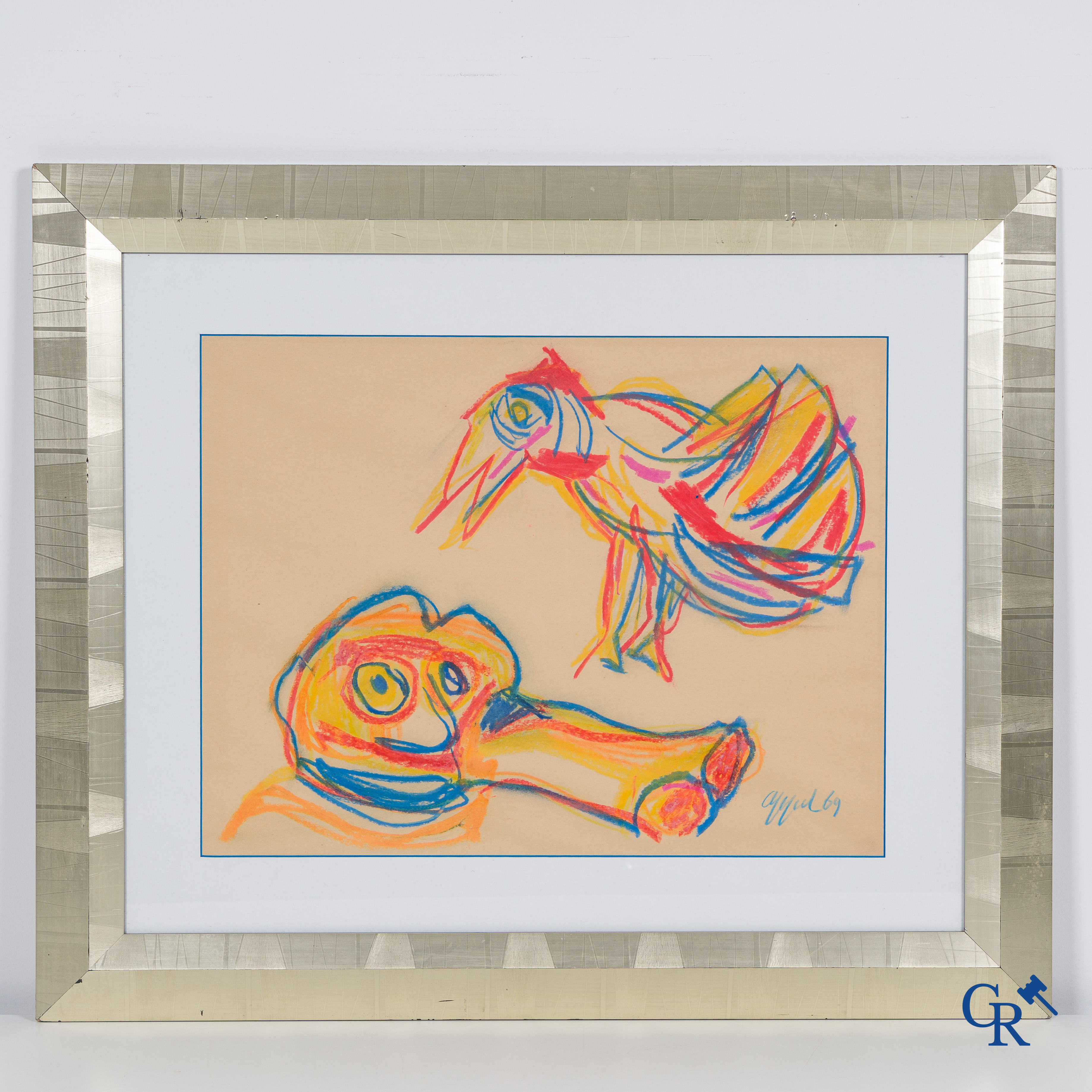 Karel Appel (1921-2006)(*) Vogel en figuur. Wasco (waskrijt) op papier. Gesigneerd rechtsonder Appel 69.