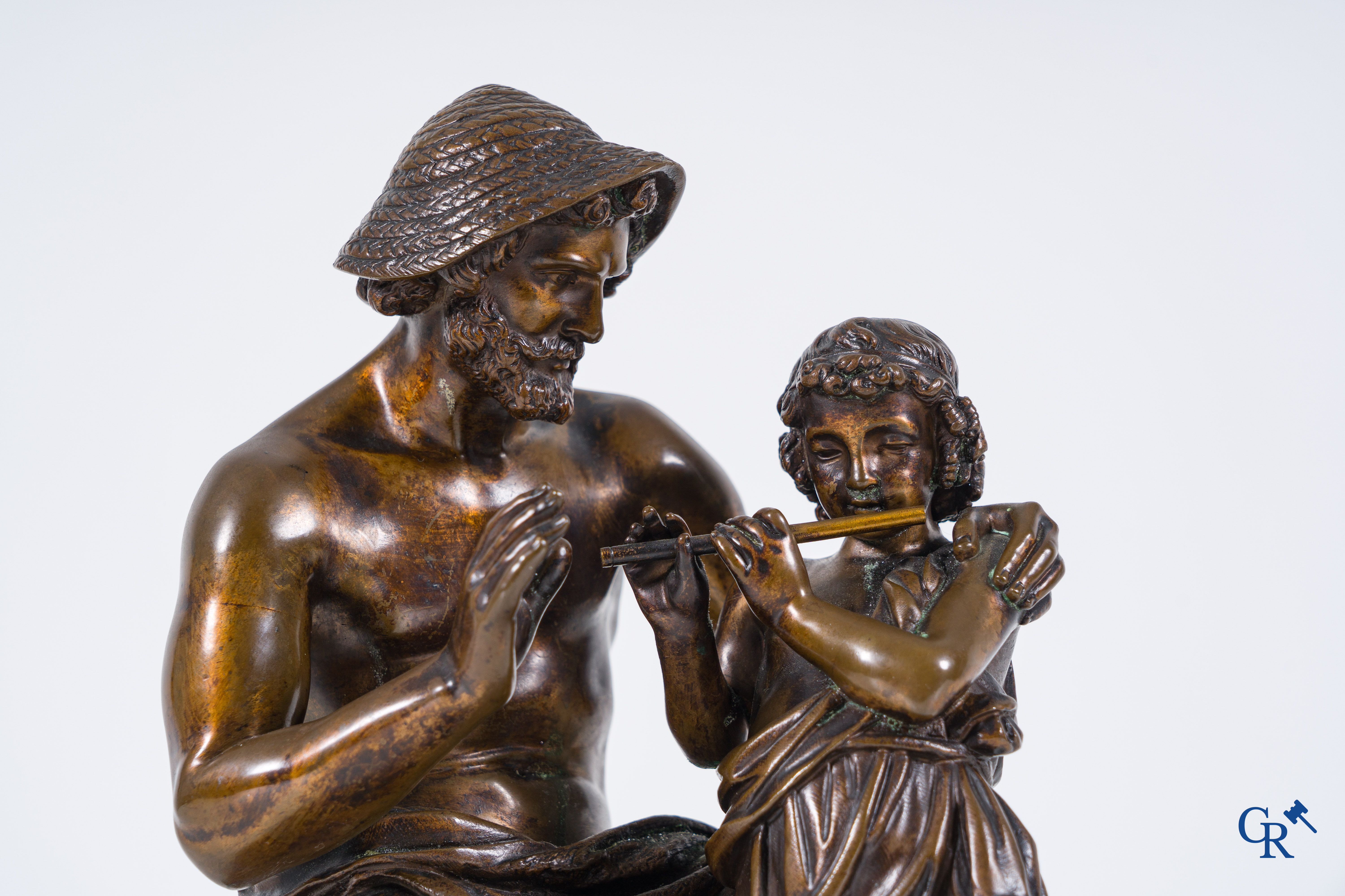 Théodore Coinchon: bronze statue of shepherd with child. Signed and marked with foundry stamp Susse fondeur.