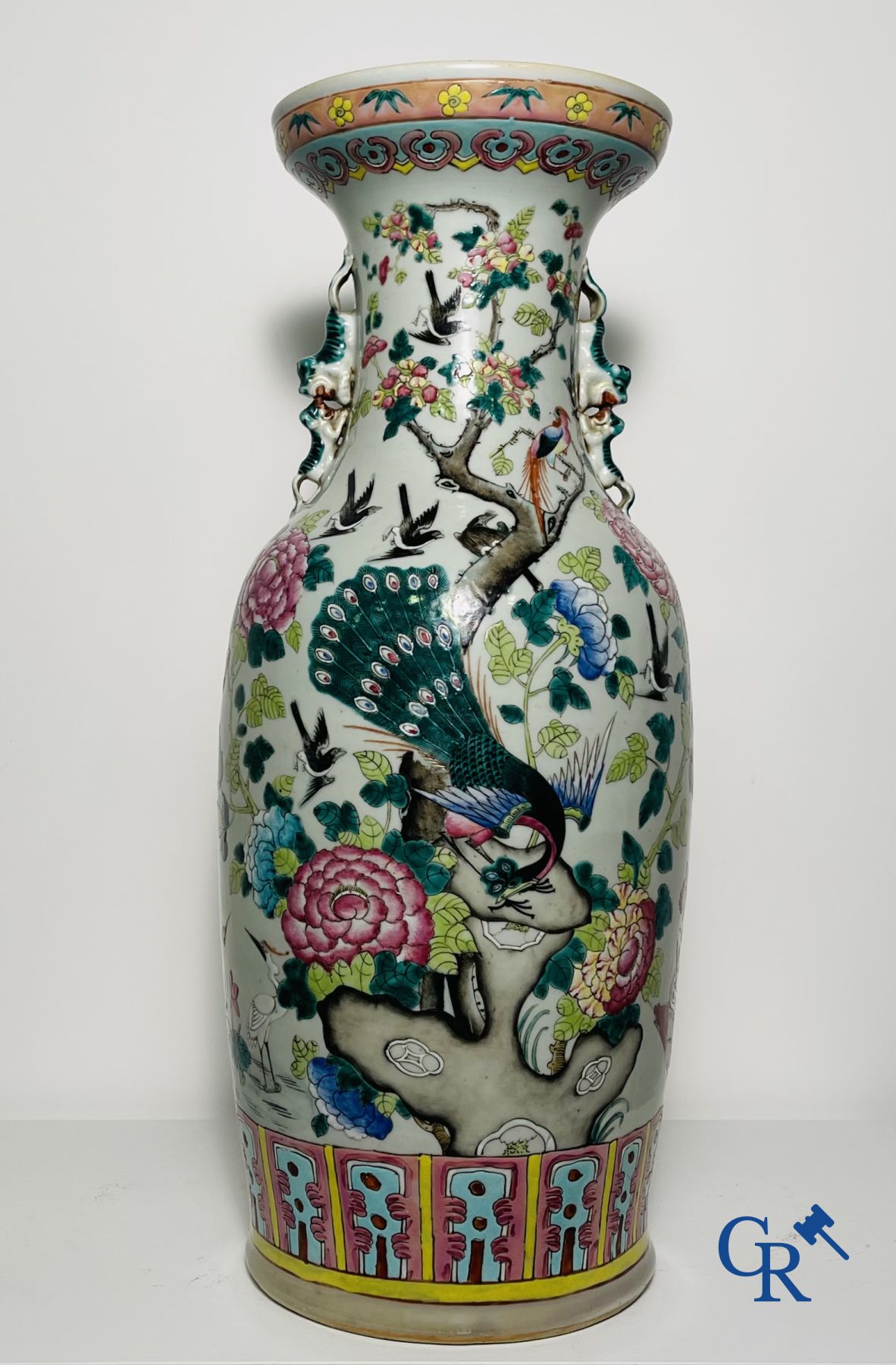 Asian Art: Vase in Chinese famille rose porcelain with decor of birds and peonies. 19th century.