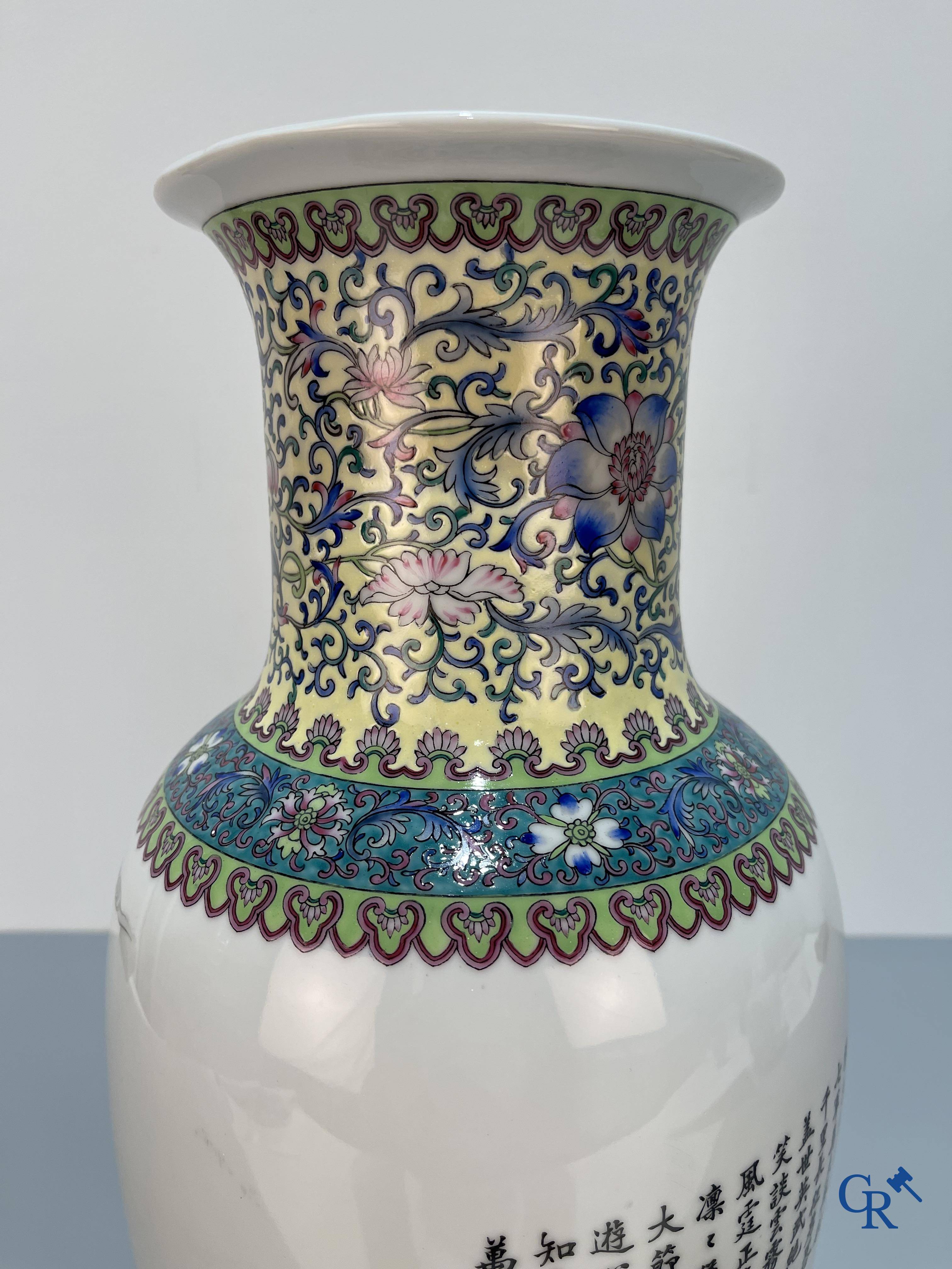 Asian Art, A finely decorated Chinese vase with a warrior on a horseback and calligraphy. Marked. 20th century.