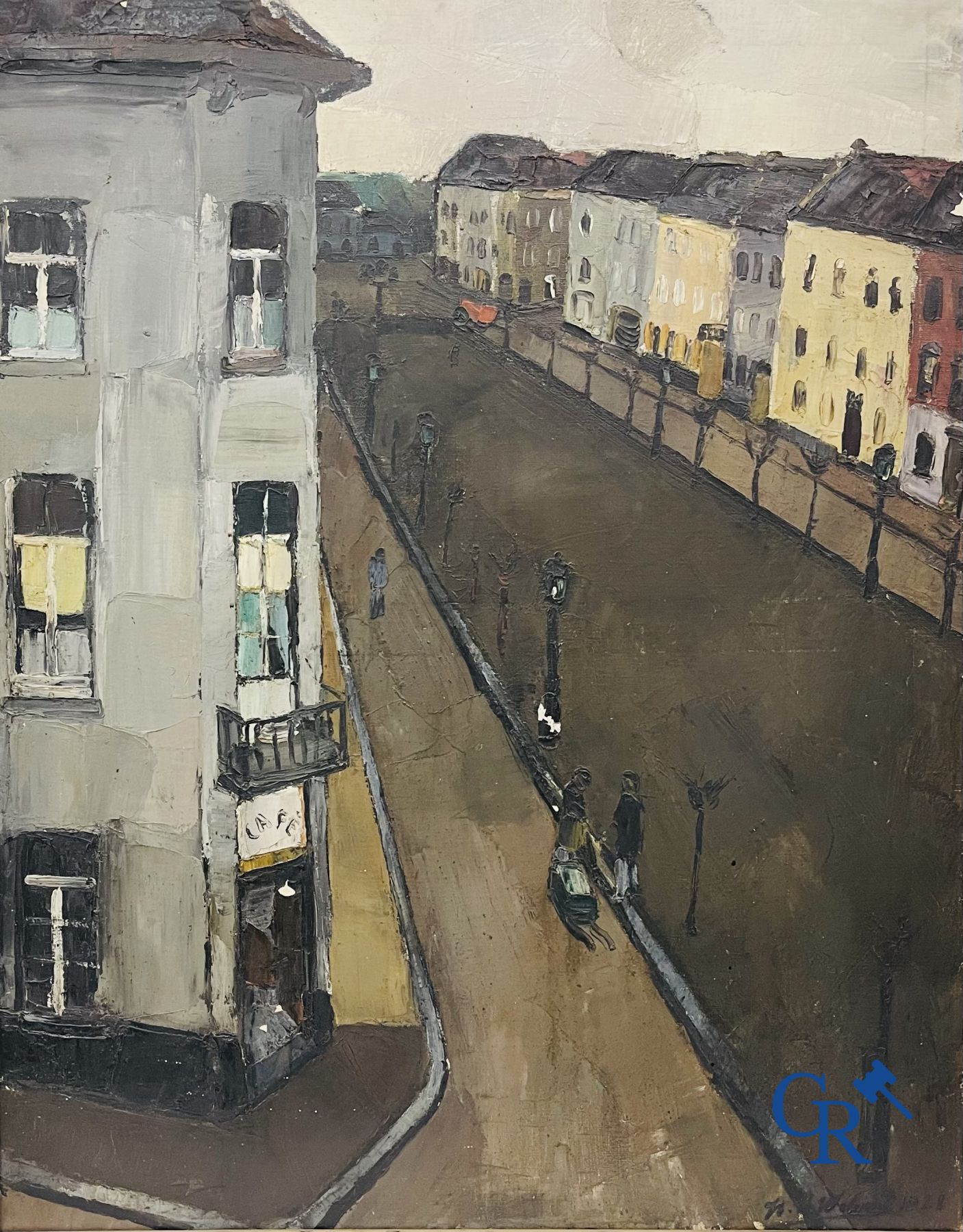 Henri-Victor Wolvens, (Brussels 1896 - Bruges 1977)(*) Street view. 1928.<br />
Signed H.V. Wolvens.