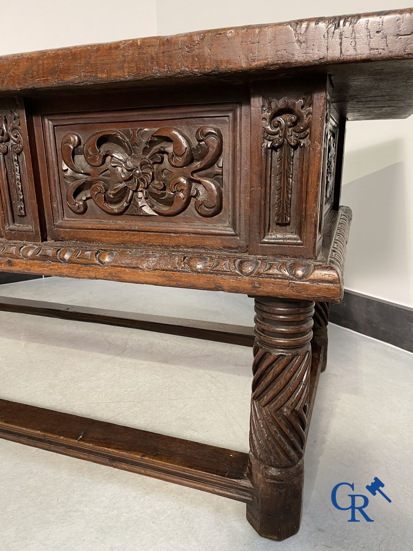 Furniture: 17th century carved walnut table with 3 drawers.