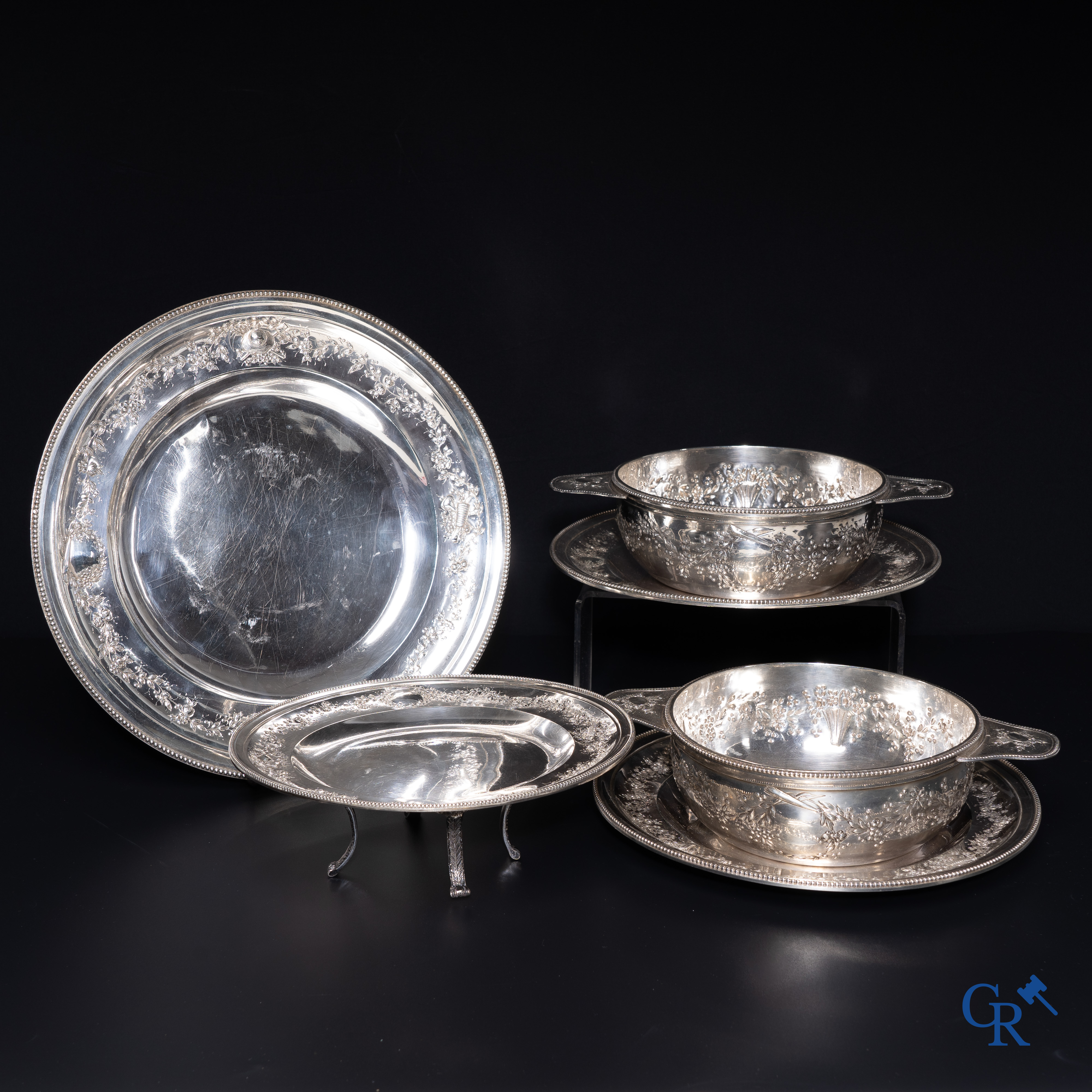 Silver: 6 pieces of silver in Louis XVI style. (925°/00), several hall marks including Minerve.