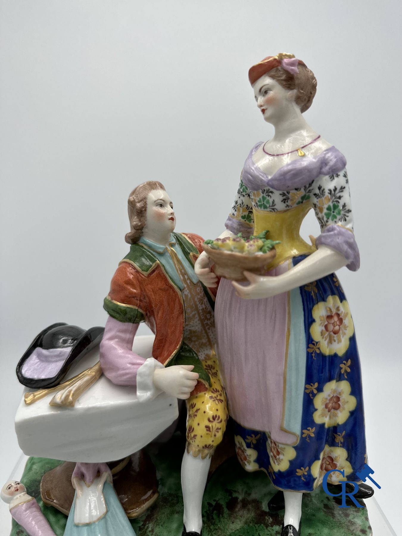 Porcelain: Group in multi-coloured decorated polychrome porcelain so-called "pâte tendre". 18th-19th century.